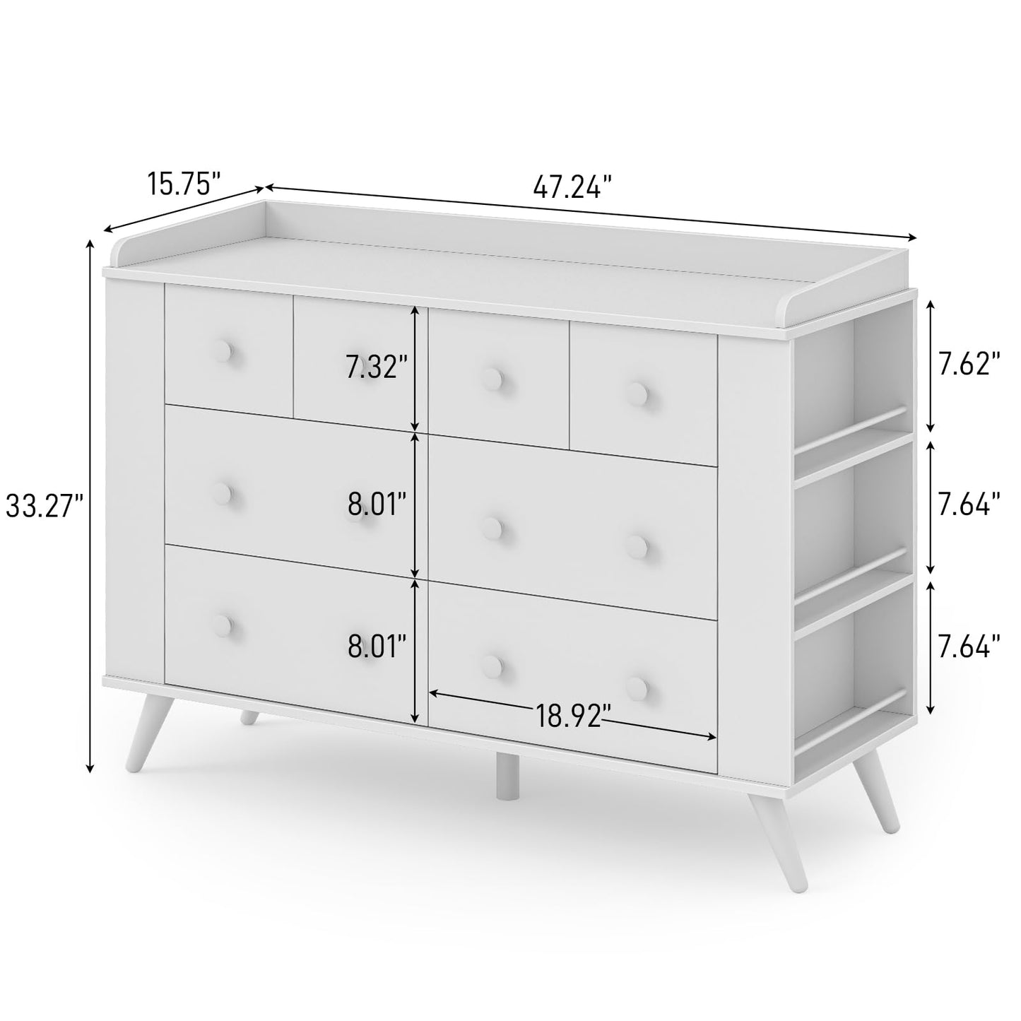 Halitaa Kids Dresser Cabinet with 8 Drawers, White Chest of Drawers with Open Shelving, Baby Dresser, Kids Bedroom Furniture, Nightstand for Child' s Room, White