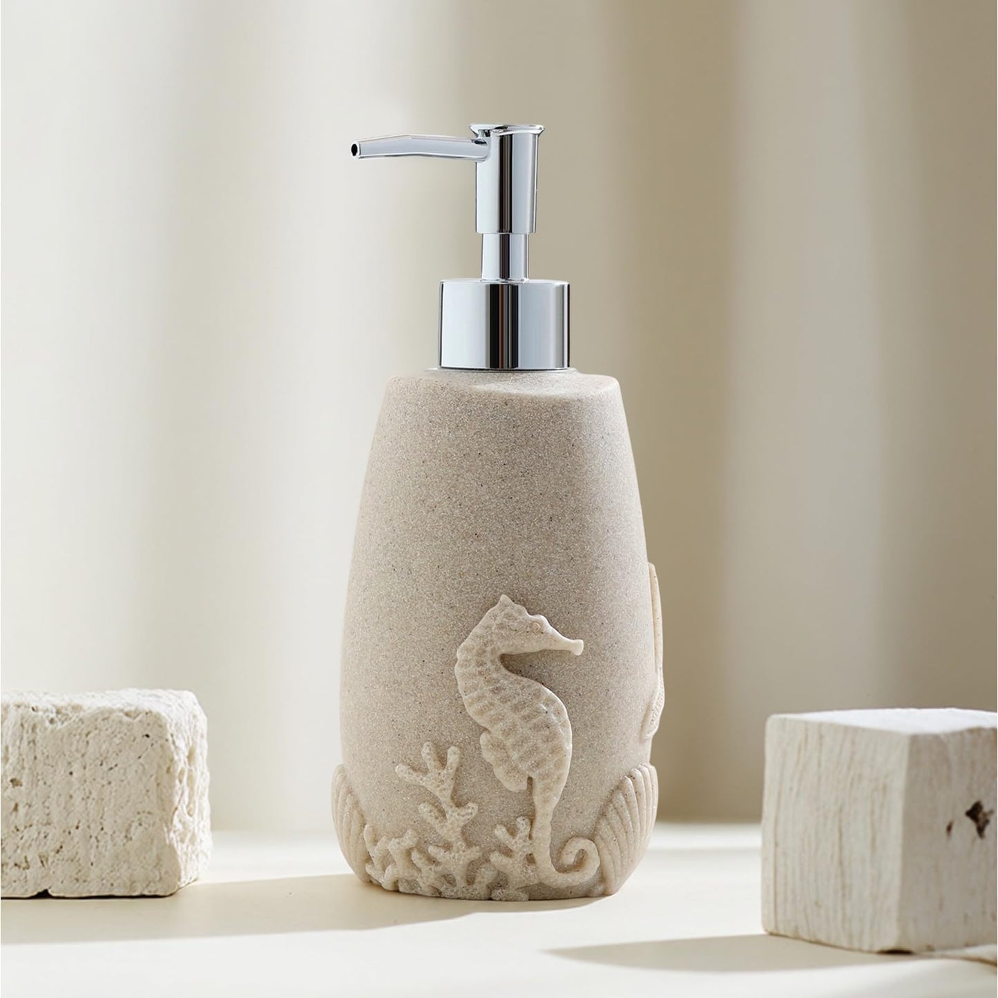 Haocoott Soap Dispensers 350mL 11OZ, 2 PCS Luxurious Ocean Hand Dish Lotion Shampoo Soap Dispenser Jar, Sea Shell Soap Pump Bottles for Kitchen Bathroom Countertop Beige
