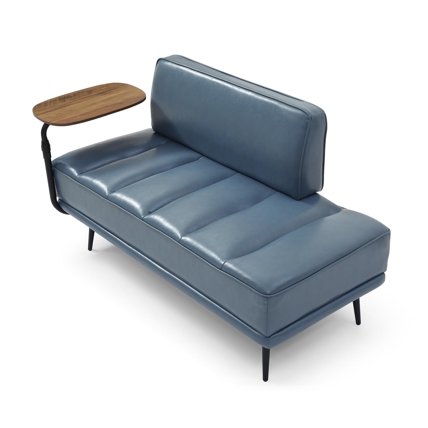 Modern Upholstered End of Bed Bench with 360-Degree Swivel Tray, 2 Seater Sofa Couch with Side Table, Settee Bench with Metal Legs Backrest for Living Room,Entryway,Foyer (PU-With Tray, Grayish Blue)