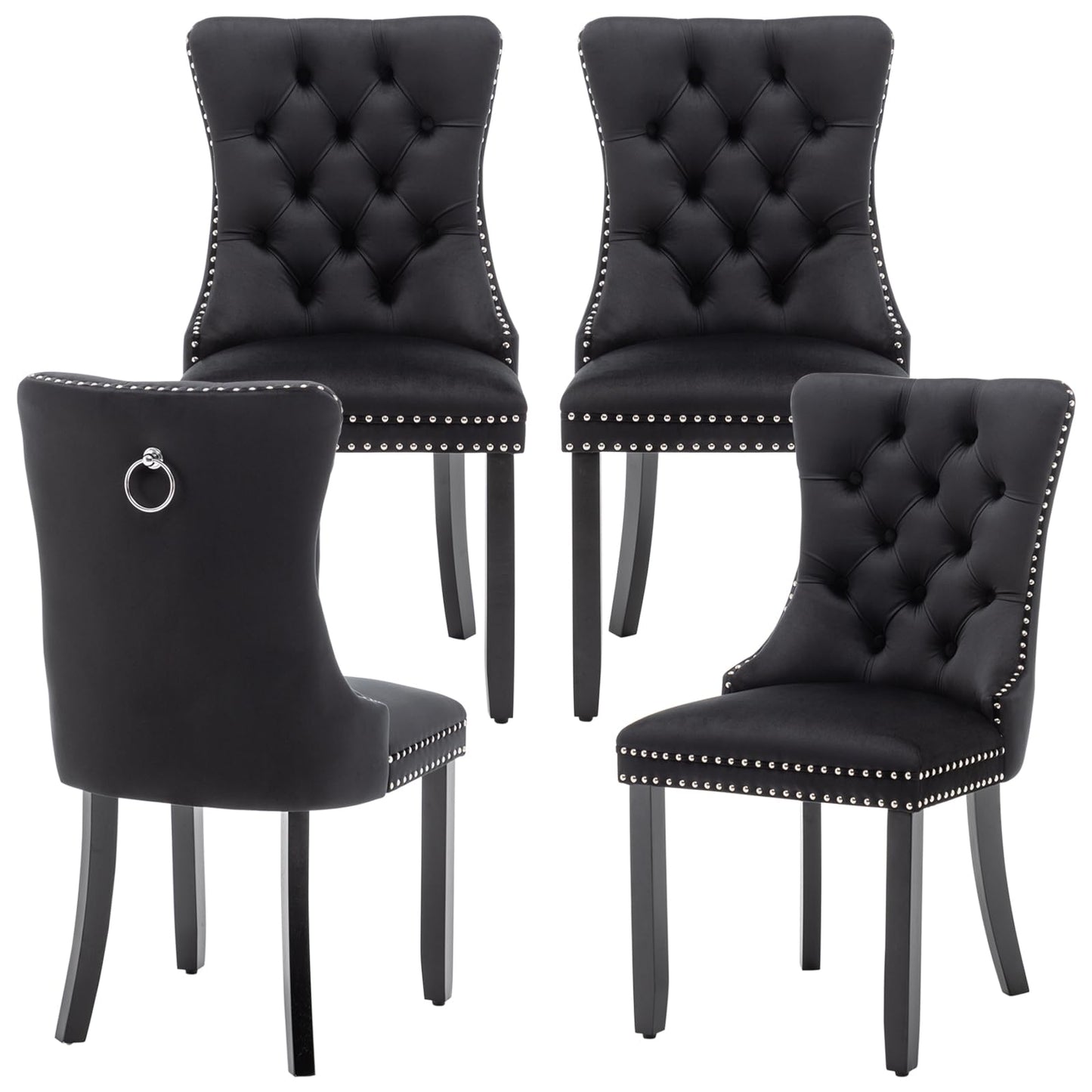Eifizek Velvet Dining Chairs Set of 4, Upholstered Dining Room Chairs with Nailhead Ring Pull Trim, Button Tufted Dinning Chairs for Dining with Solid Wood Legs for Kitchen Dining Room(Black)