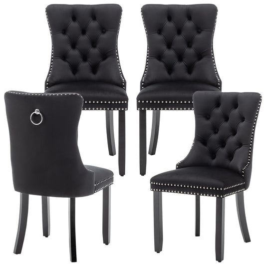 Eifizek Velvet Dining Chairs Set of 4, Upholstered Dining Room Chairs with Nailhead Ring Pull Trim, Button Tufted Dinning Chairs for Dining with Solid Wood Legs for Kitchen Dining Room(Black)