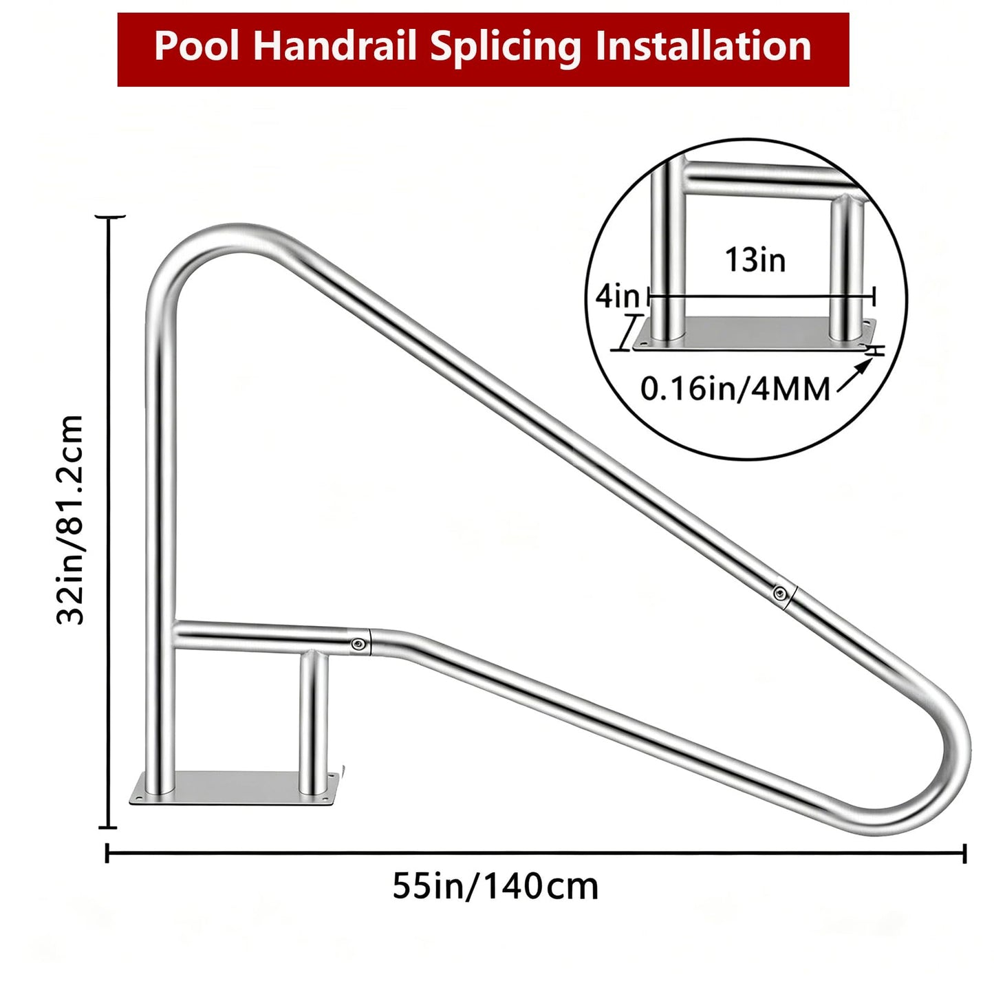 Pool Handrail, 54 in x36 in Pool Railings for Inground Pools, Swimming Pool Safety Handrails 375 LBS Load Capacity, 304 Stainless Steel Pool Stair Rail with Grip Cover, Quick Mount Base Plate