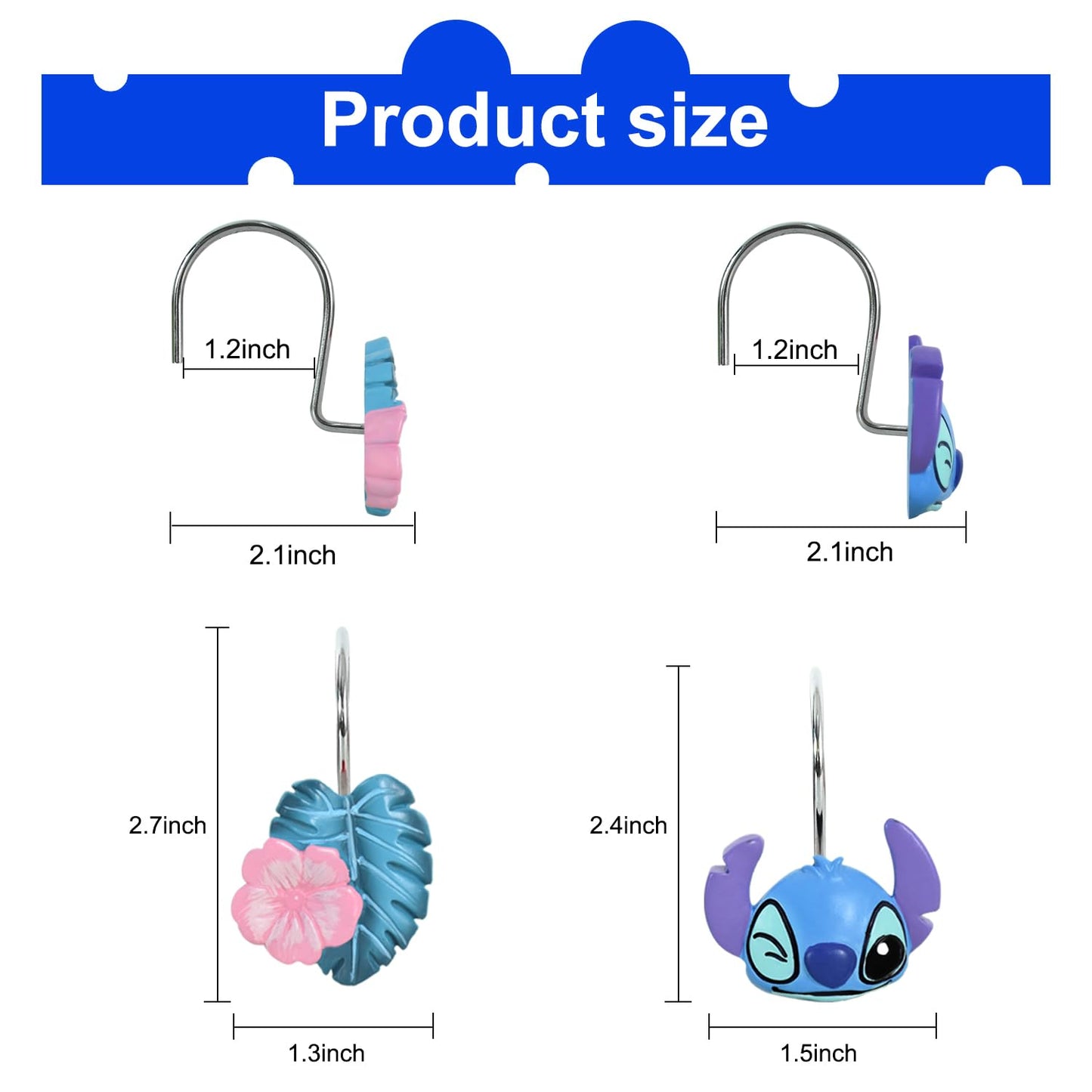 CTOHN 12-Piece Blue Cute Shower Curtain Hooks, Decorative Stainless Steel Shower Hangers Rings for Bathroom