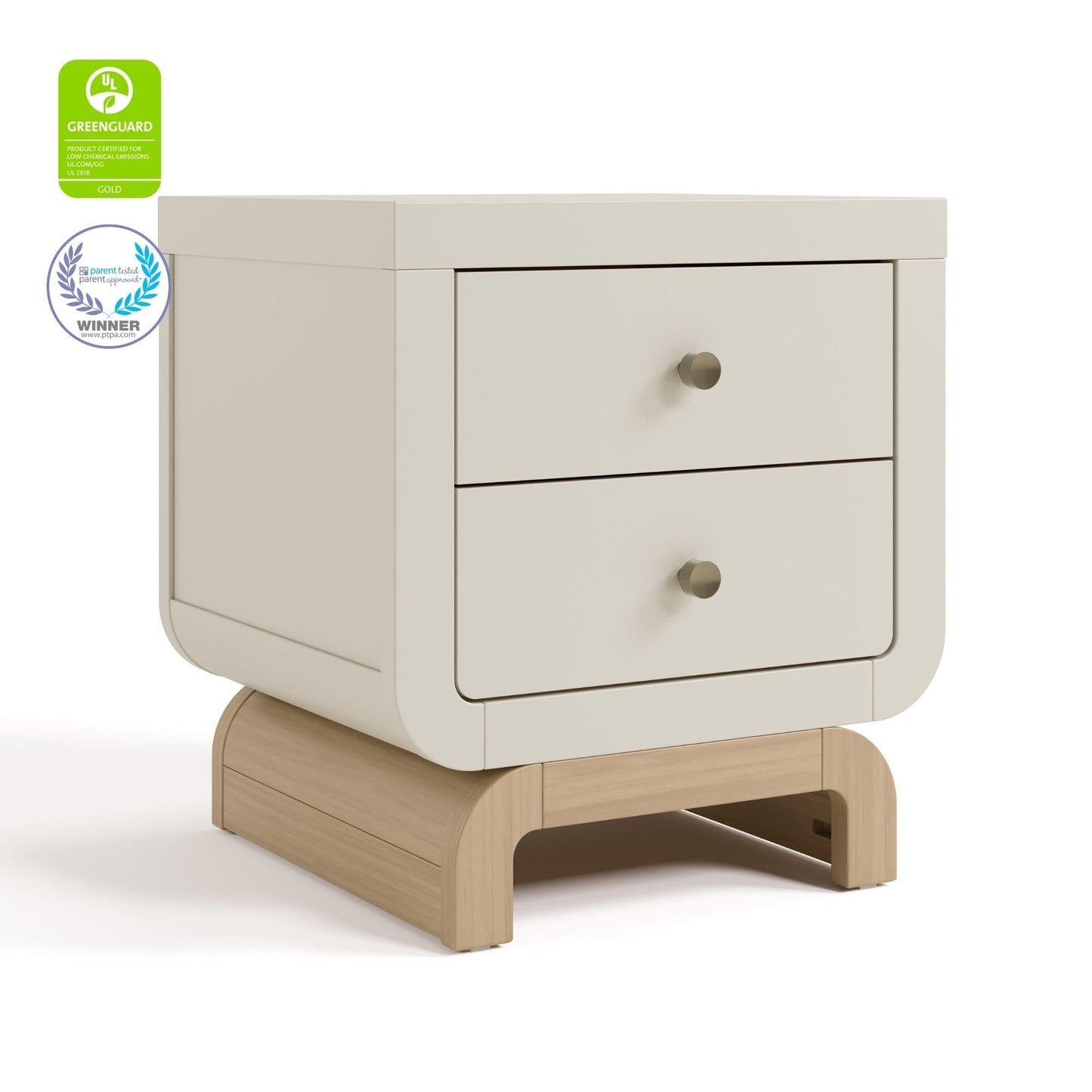 Storkcraft Santorini 2 Drawer Nightstand (Frosted Oat & Driftwood) - GREENGUARD Gold Certified Nightstand for Kids Bedroom, Premium Wood with Curved Base, “Champagne” Metal Knobs