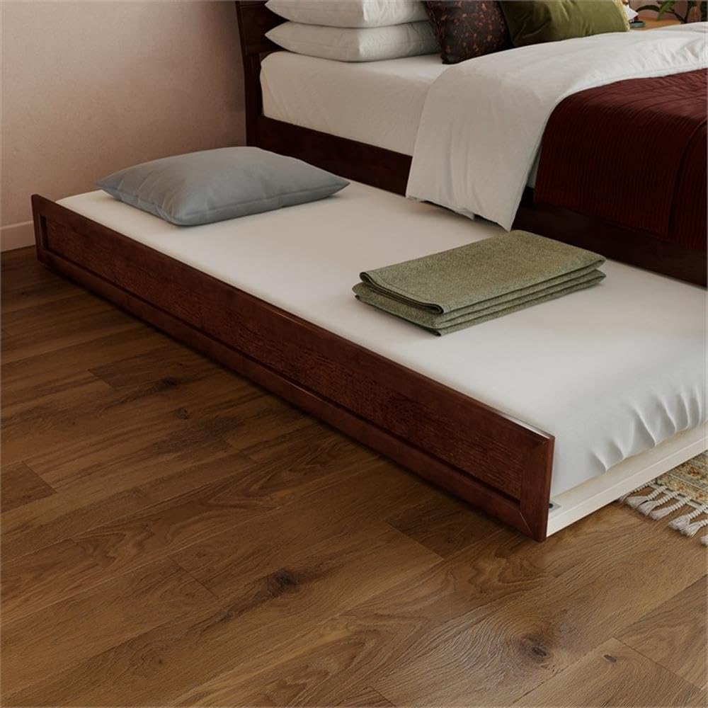 Pemberly Row Twin XL Solid Wood Platform Bed with Trundle, Walnut Finish, Horizontal Plank Headboard, Built-in Slat Kit, Durable Hardwood/Veneer Construction, 600 lb Capacity, Bedroom Furniture