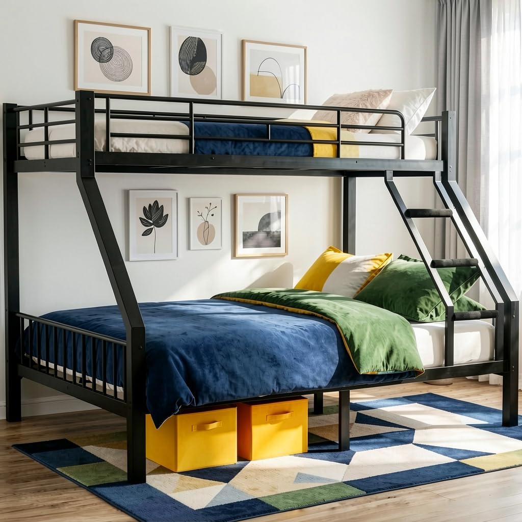 Twin XL Over Queen Bunk Bed, Heavy Duty 600lbs Bed Frame, Safety Guardrails