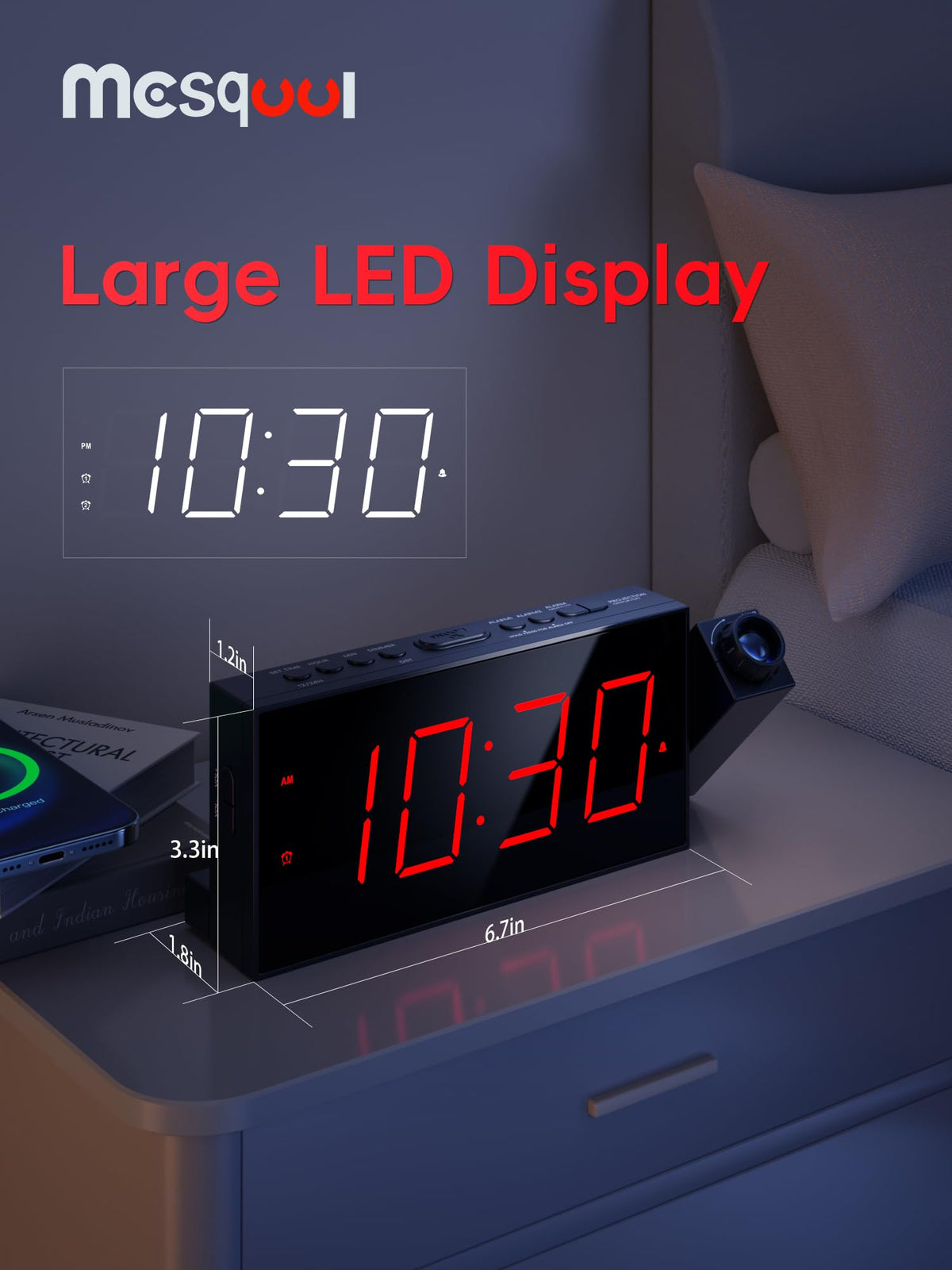 Mesqool Digital Projection Alarm Clock with Dual Alarms, 5 Levels Dimmer
