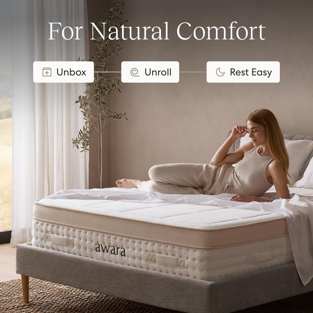 Awara Premier Luxury Hybrid Queen Mattress 12 Inch - Certified Organic Natural Latex - Sustainable New Zealand Wool - Fiberglass-Free - 365-Night Trial