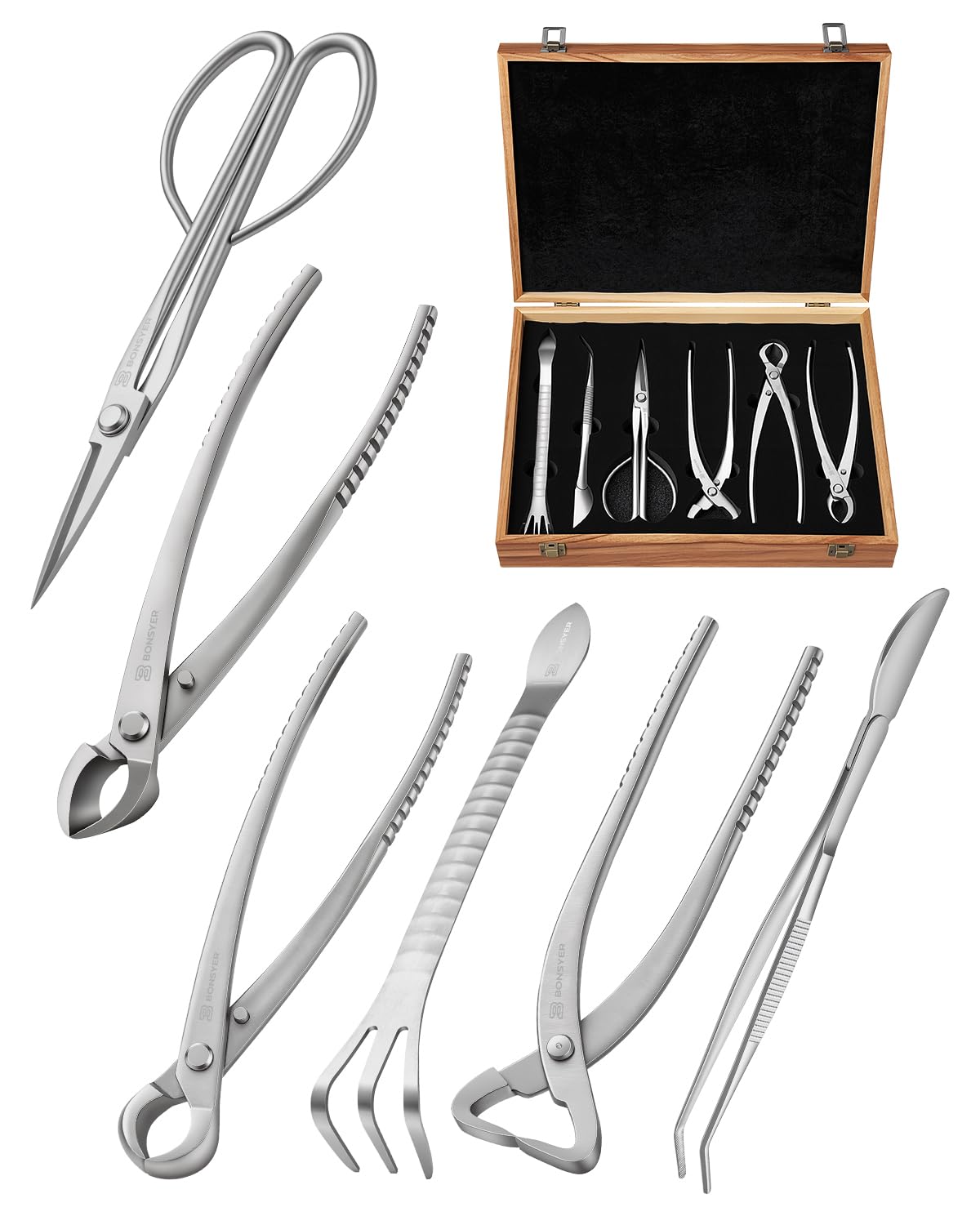 Bonsai Tool Set 6PCS with Wood Box– Concave Cutter, Knob Cutter, Pruning Shears, Trunk Splitter, Root Rake & Precision Tweezers – Professional Stainless Steel Bonsai Tools for Pruning & Repotting