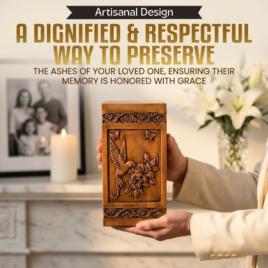 Large Wooden Cremation Urn for Human Ashes Adult – Handcrafted Hummingbird & Floral Engraving – Funeral Urn for Mother, Father, Men & Women – Display at Home or Niche at Columbarium – 270 Cubic Inches