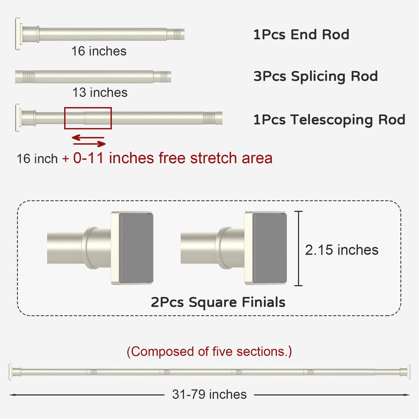 UIOSANRT Brushed Nickel Shower Curtain Rod 31-79 Inches Non-Slip Shower Rod Tension Mounted No Drill Tension Shower Curtain Rods Spring Tension Rod for Windows Bathroom