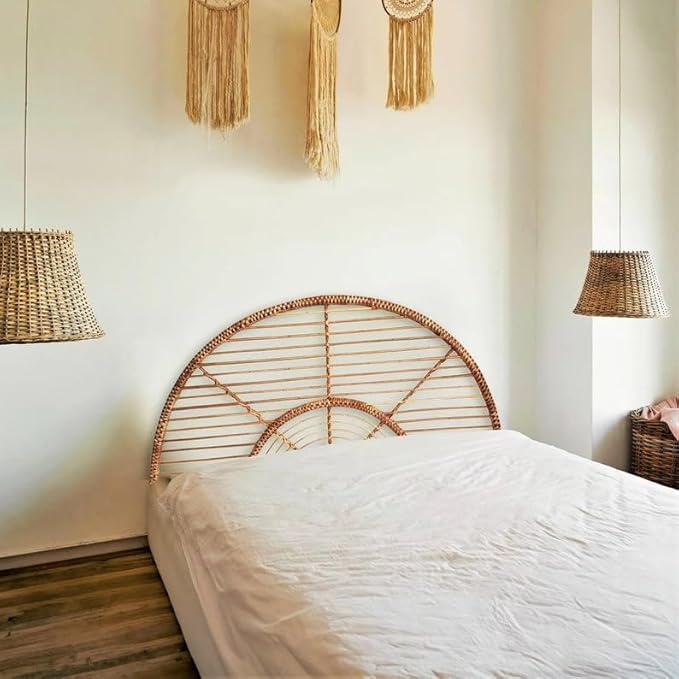 direfly Handwoven Rattan Headboard - Natural Wicker & Solid Wood Frame - Boho Chic Bedroom Decor for Queen/King/Full/Double Beds