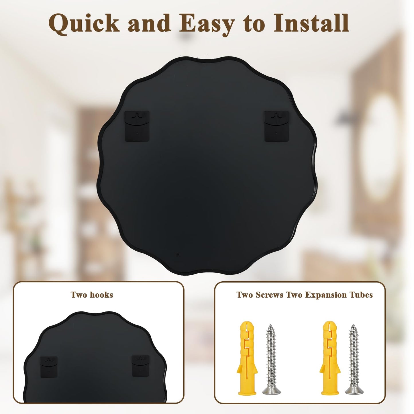 VooBang Black Scalloped Circle Mirror 30" Wavy Edge Round Wall Mirror