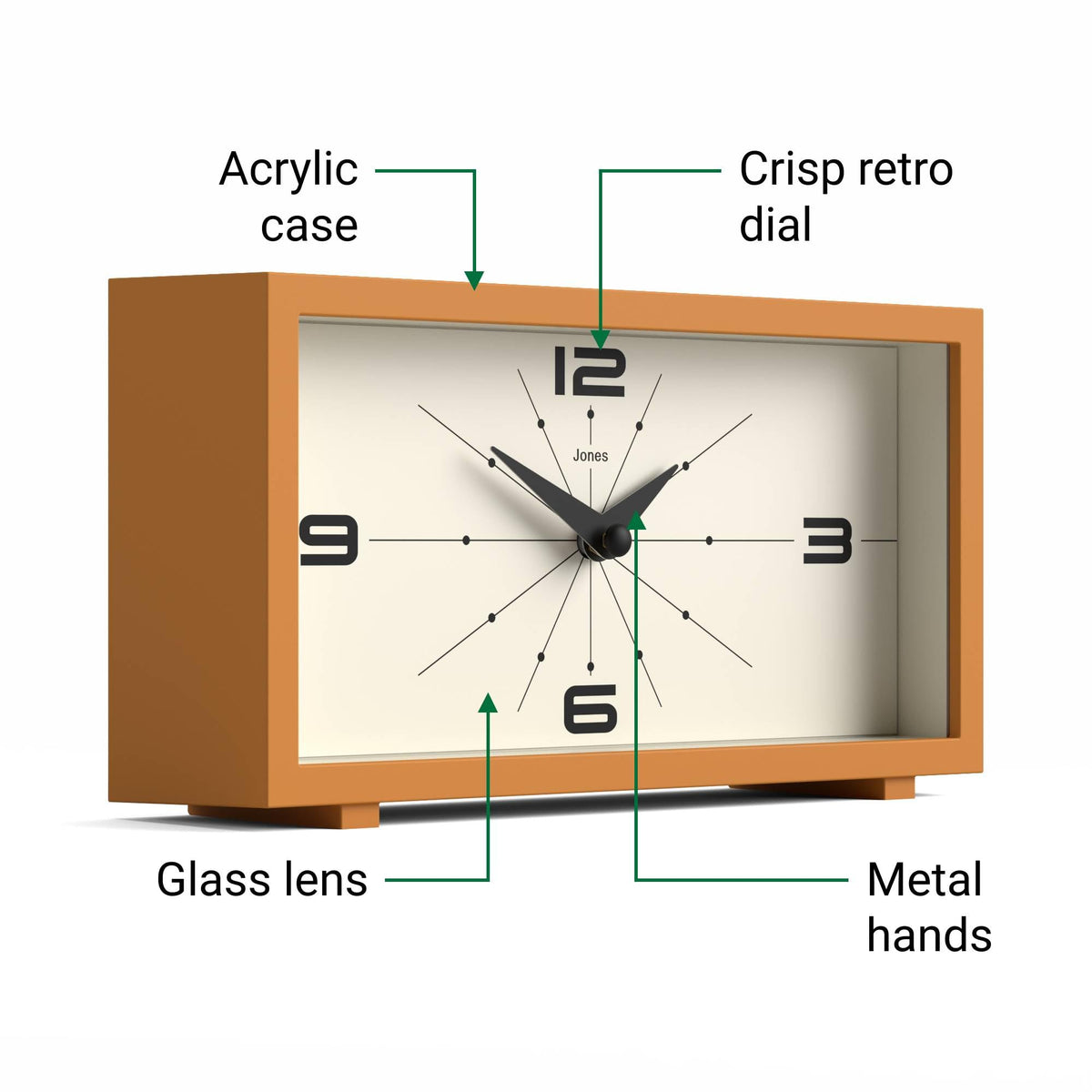 JONES CLOCKS® Odeon Desk Clock | Modern Rectangular Design | Mustard Yellow
