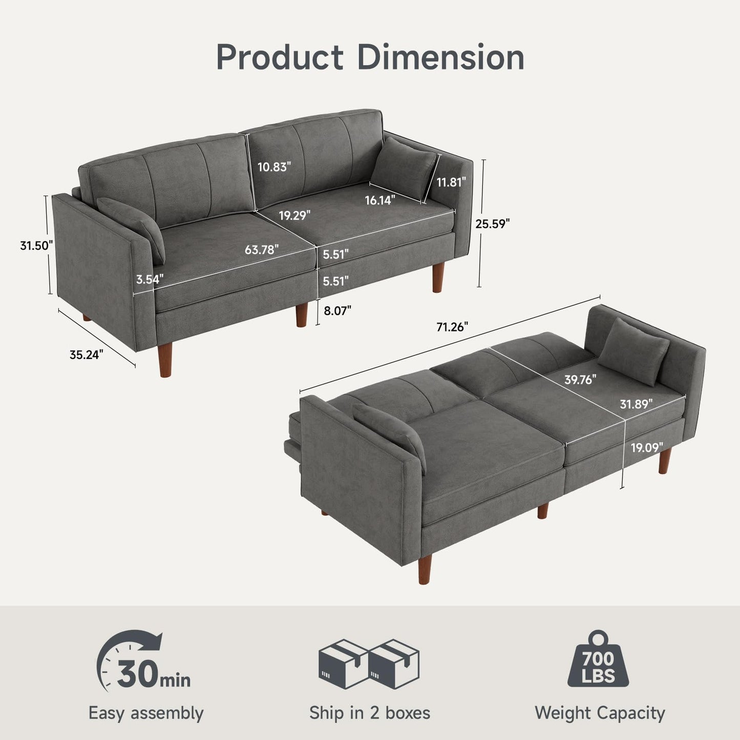 ONBRILL 71" Futon Sofa Bed,Convertible Sleeper Couch with Adjustable Backrest, Folding Loveseat for Apartment, Living Room, Office, Faux Leather,Grey