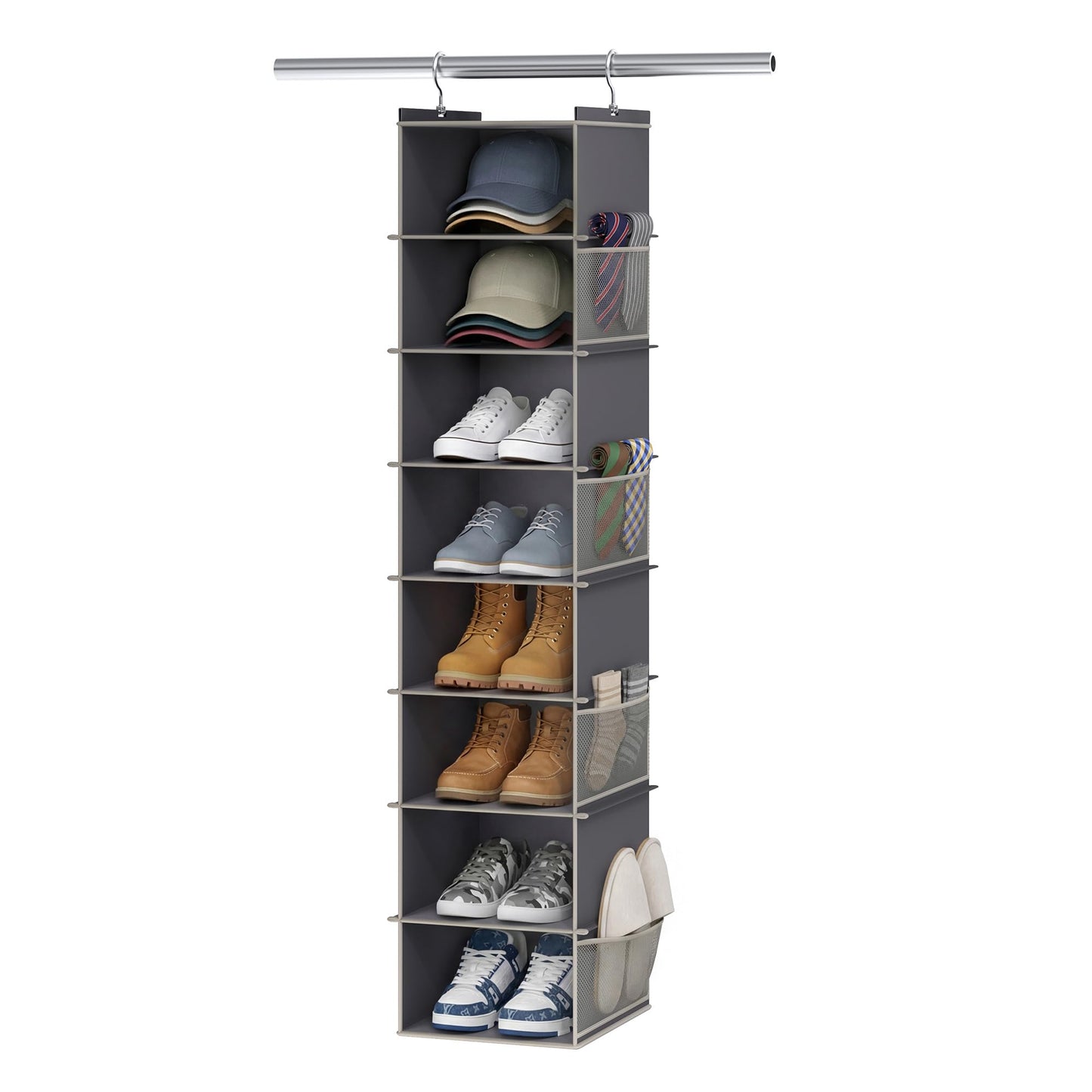 YOUDENOVA Upgraded Extra Wide Hanging Shoe Organizer for Closet, 8-Shelf Storage Organizer with 8 Side Pockets, Hanging Shoe Rack for Hats Clothes Jeans, Grey