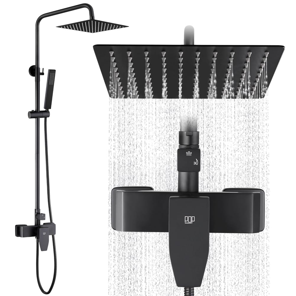 POP SANITARYWARE Matte Black Outdoor Shower System | Solid Brass Valve & Stainless Steel Rainfall & Handheld Combo