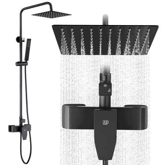 POP SANITARYWARE Matte Black Outdoor Shower System | Solid Brass Valve & Stainless Steel Rainfall & Handheld Combo