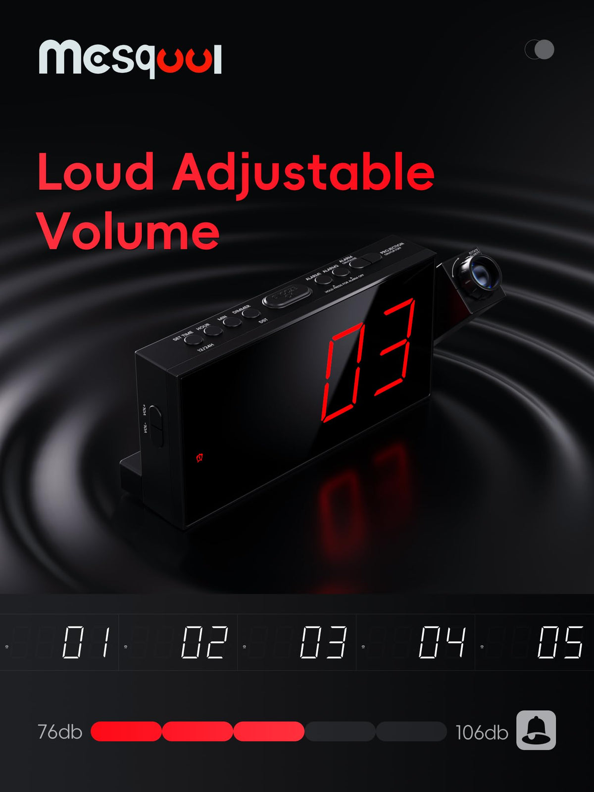 Mesqool Digital Projection Alarm Clock with Dual Alarms, 5 Levels Dimmer