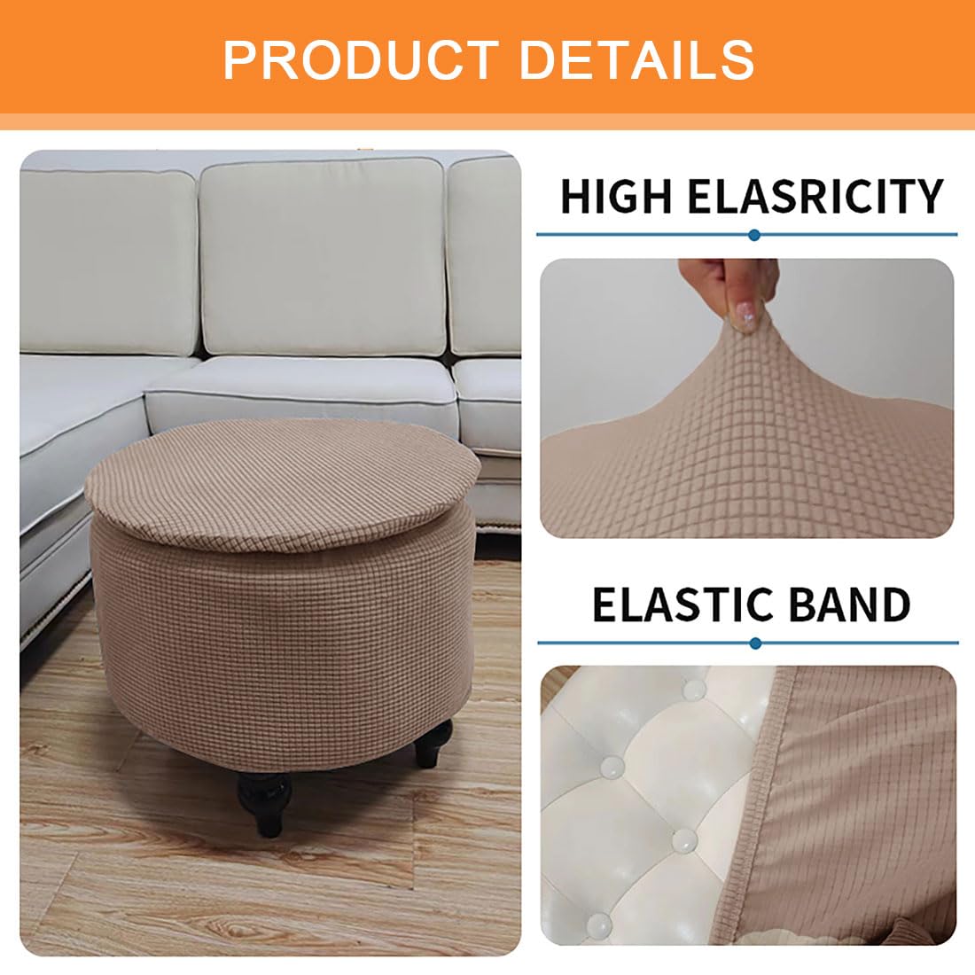Lussenwert Round Ottoman Slipcover Stretch Soft Footstool Slipcover Corn Grid Storage Cover Folding Stool Covers Furniture Protector for Home Decor Khaki