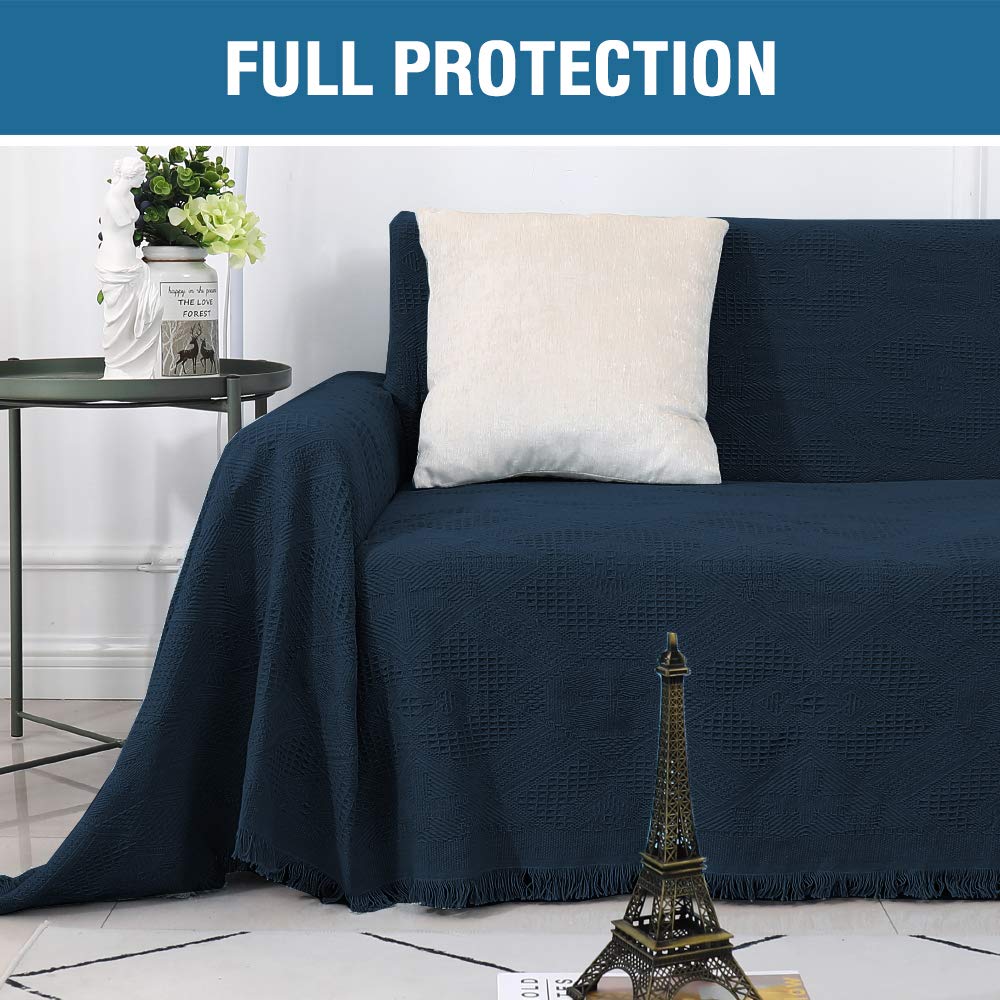 H.VERSAILTEX Cotton Sofa Covers Couch Cover Sofa Slipcover for Most Shape Sofas, Feature Thick Woven Jacquard Seamless with Tassels, Multi-Use Decorative for Couch (Large: 71" x 102", Navy)