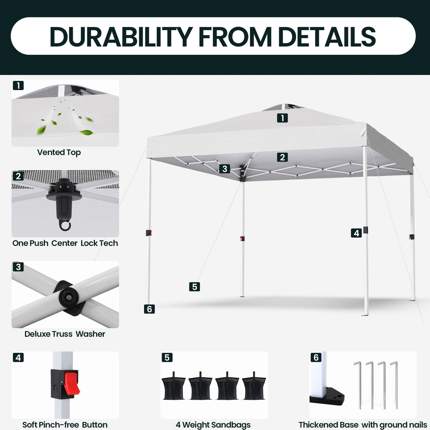 PHONWHON Shades 10x10 Pop Up Canopy with One Push Setup,Heavy Duty Beach Tent with Wheels for Easy Moving, Sun Shelter for Parties,Events, Outdoor Gazebo with 420D Coated Waterproof White Fabric