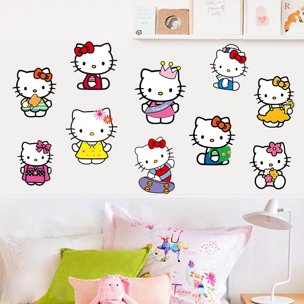 Bnqoe Kitty Cute Cartoon PVC Wall Decals | Self-Adhesive Removable Wall Stickers for Bedroom & Playroom Decor