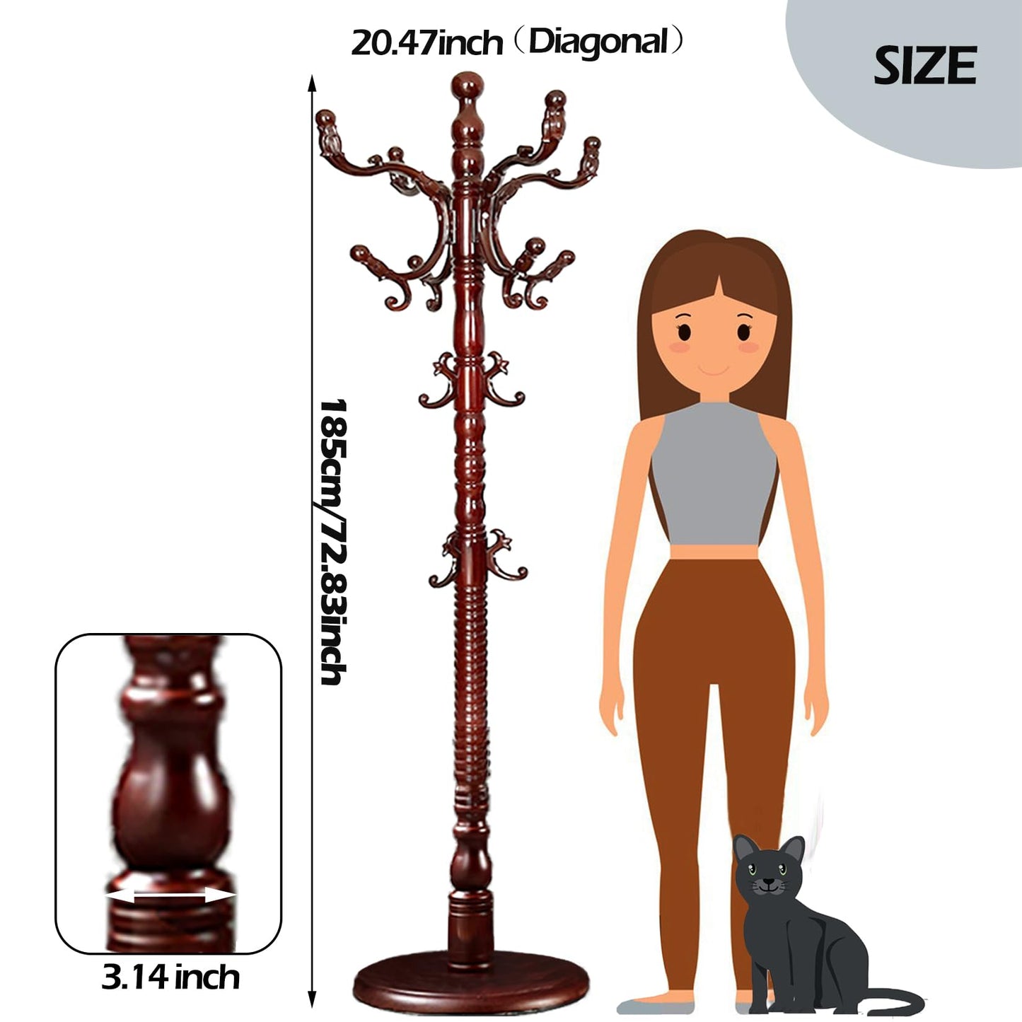 Sauqzoh Coat Racks Free Standing with 14 Hooks, Natural Wood Coat Stands for Entryway, Adjustable Height 73 in Tree Coat Rack Stand for Hallway Home Office Bedroom (Mahogany)
