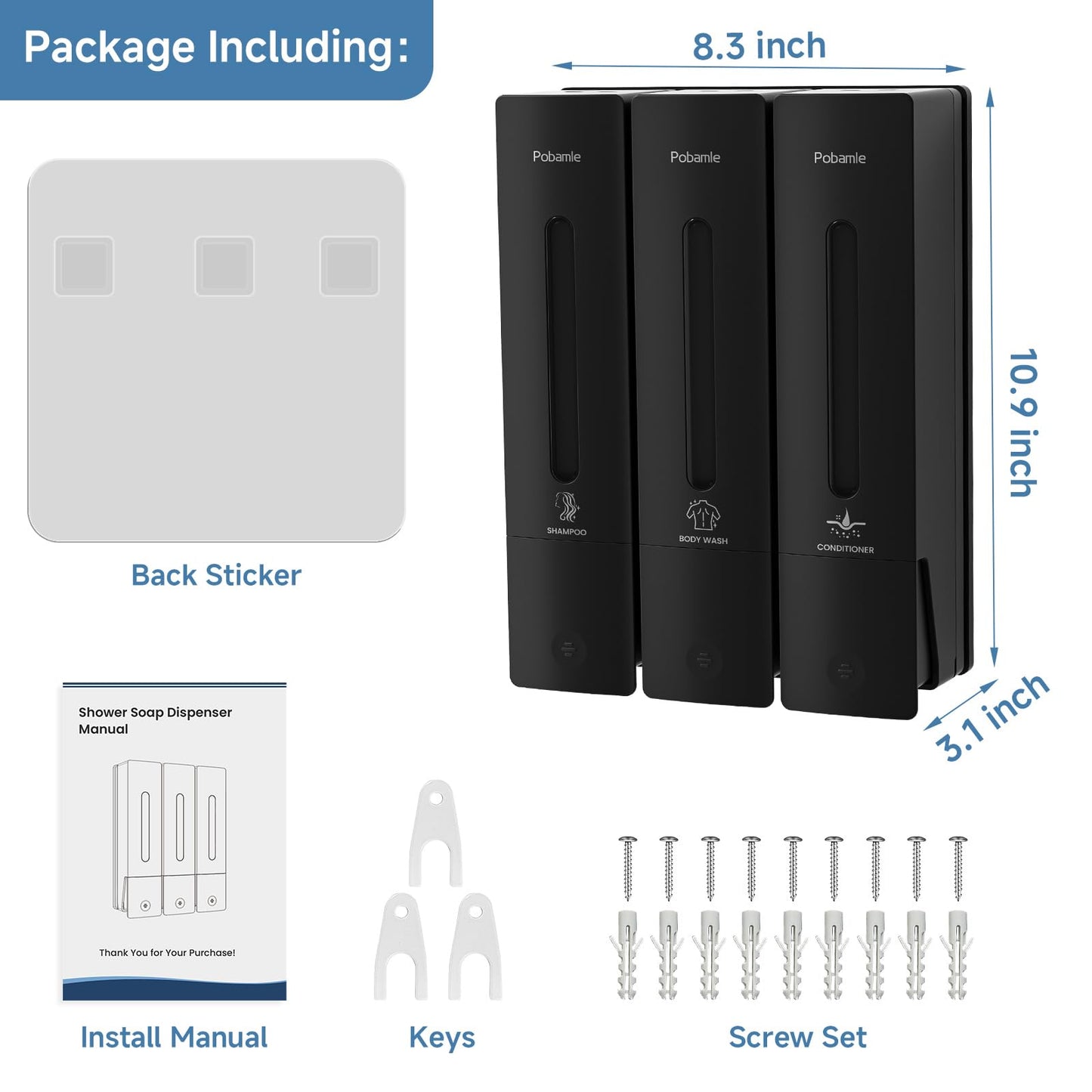Pobamle Shampoo and Conditioner Dispenser - Shower Soap Dispenser Wall Mounted No Drill - Shampoo Conditioner Body Wash Dispenser 3 Chamber - Easy Install for Bathroom Hotel Black 1200ml
