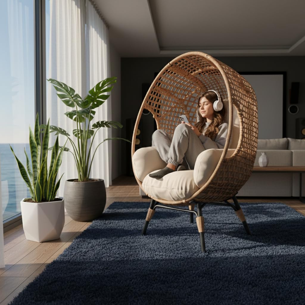 Elegant Arc Back Hanging Egg Chair, 400lb Capacity Patio Swing with 8-Inch Cushion, PE Rattan Outdoor Indoor Chair for Garden Lounge