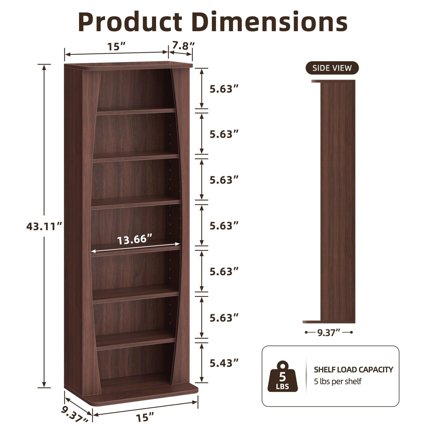 LELELINKY 7 Tier Arched DVD Shelf, DVD Rack with Adjustable Shelves, Walnut