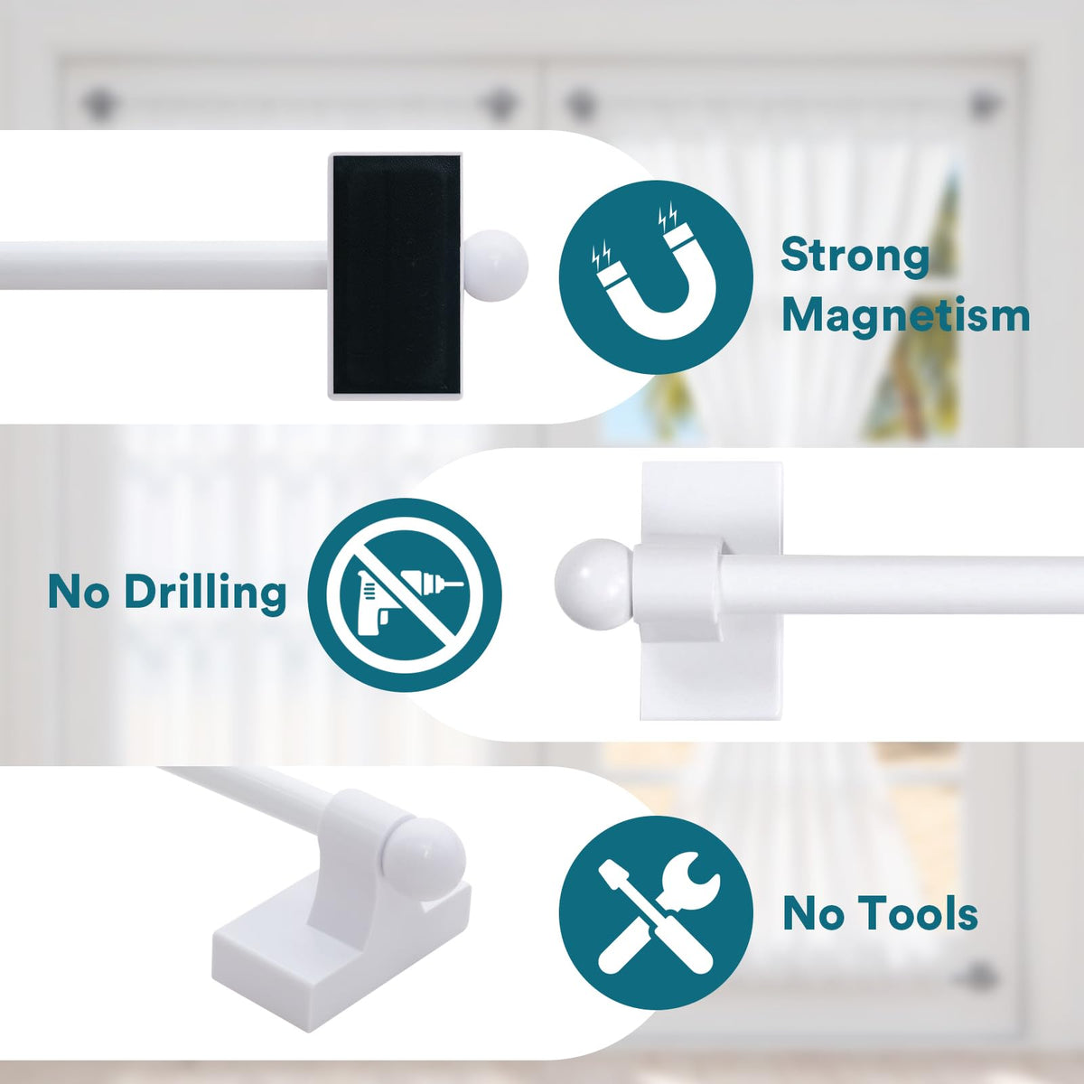 Turquoize 2 Pack Magnetic Curtain Rods for Metal Doors, 9-16", White