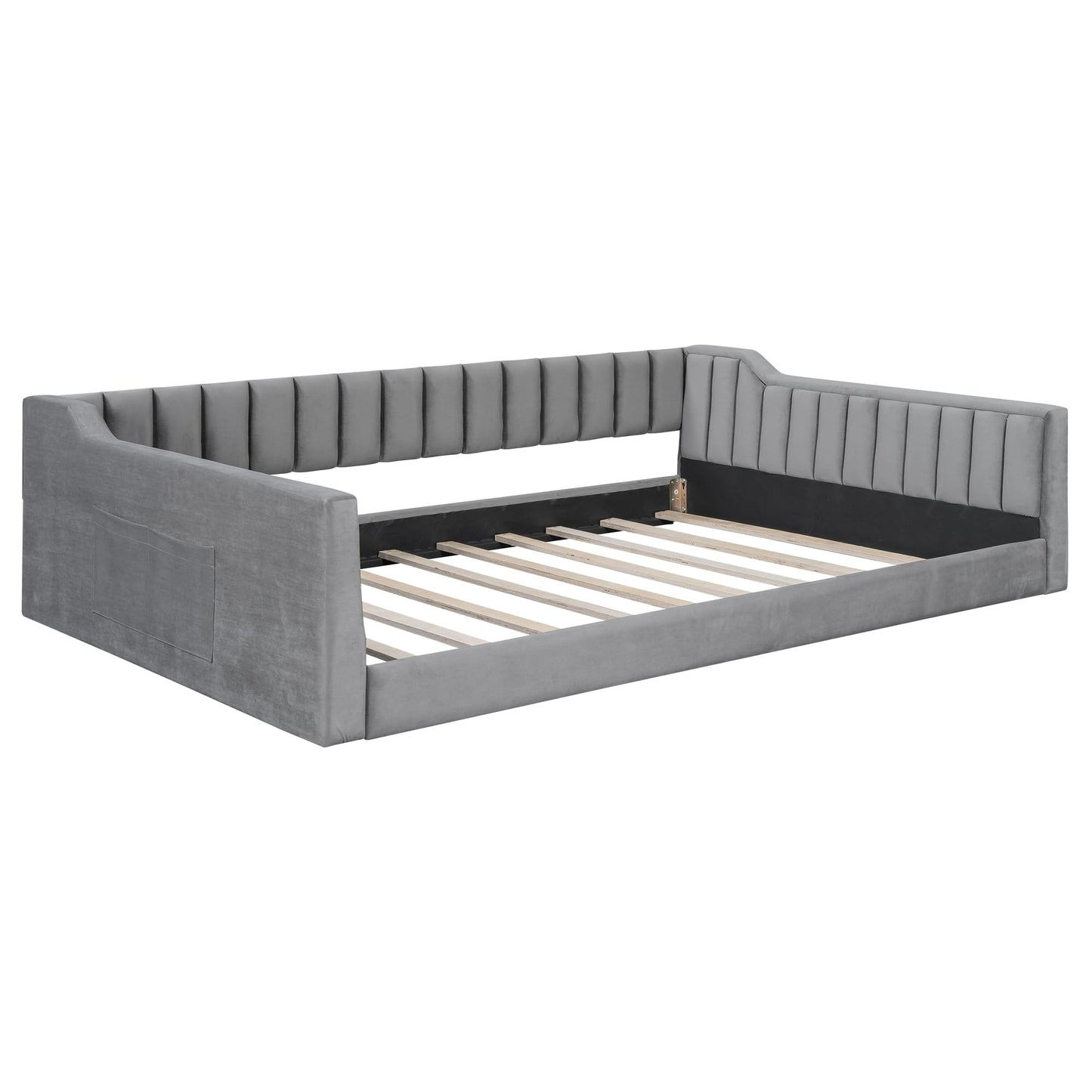 Ball & Cast Full XL Size Daybed, Upholstery Day Bed Frame with Channel Tufted Backrest and Armrest, Floor Bed with Side Pockets,Solid Wood Slat Support, No Box Spring Needed,Gray