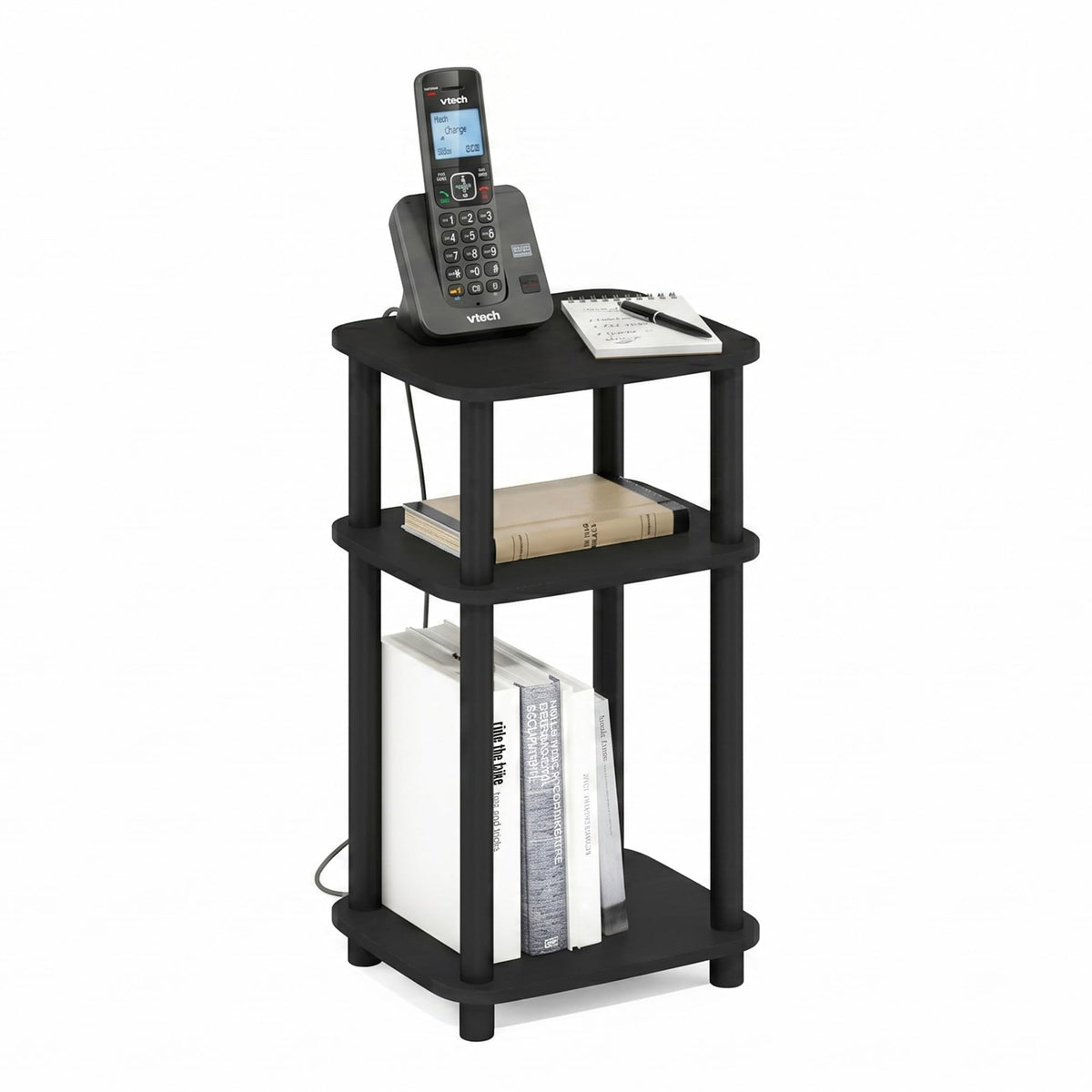 Furinno JUST 3-Tier Telephone Table, Turn-N-Tube Toolless Side Table with Open Shelf, Round Curve Corner Night Stand, Bedside Table, for Living Room, Bedroom, Americano