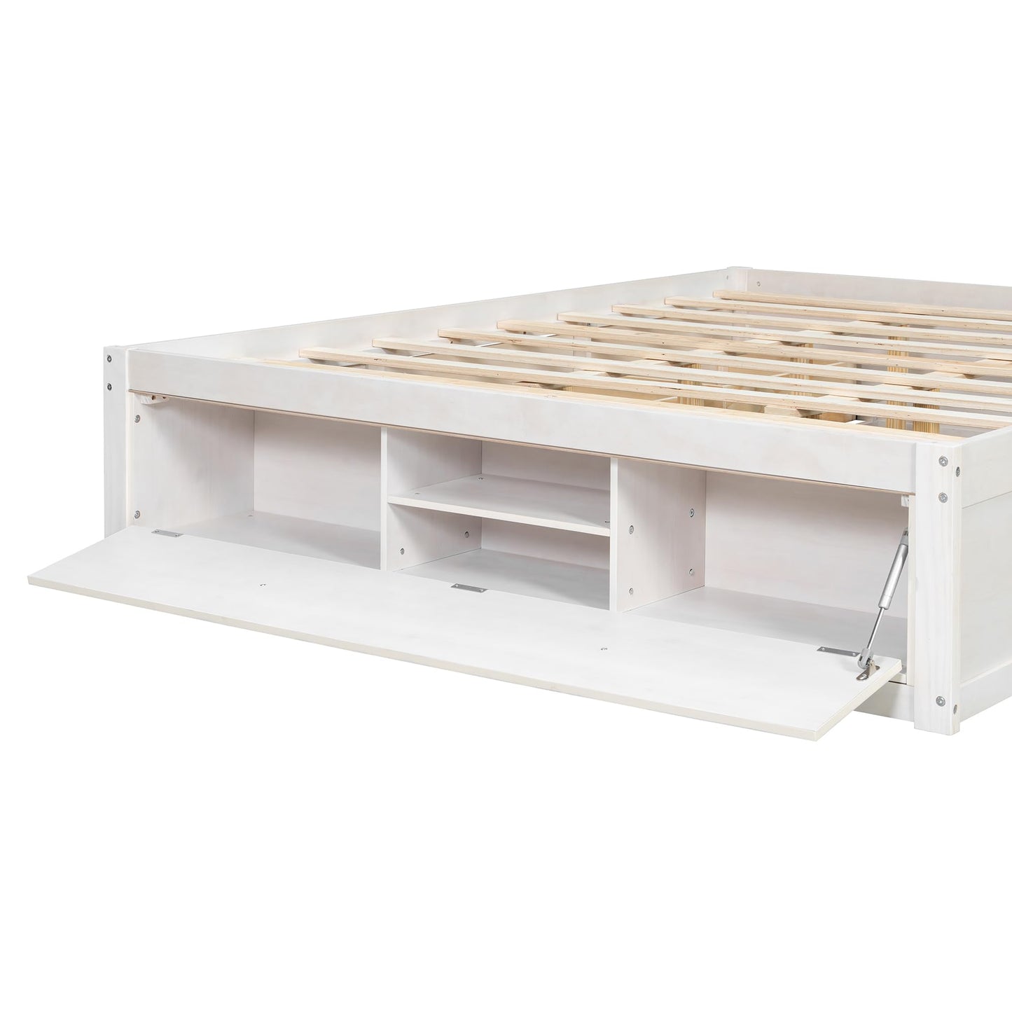 Merax Platform Bed Frame with 4 Storage Drawers and Hydraulic Lift Footboard Storage, No Headboard, Modern Space-Saving Design- Queen Size, Antique White