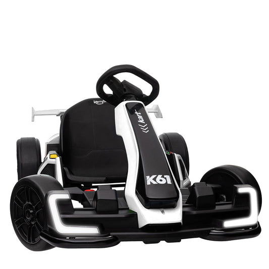 KerryYoo K61 Go Kart Electric Drift Kart with Length Adjustable Seat, 24V Outdoor Ride on Toy with 4 Speed Mode, Crazy Kart for Kids 6-12 Years Old, Fast 300W Motor, 8.5 MPH, Bluetooth - White