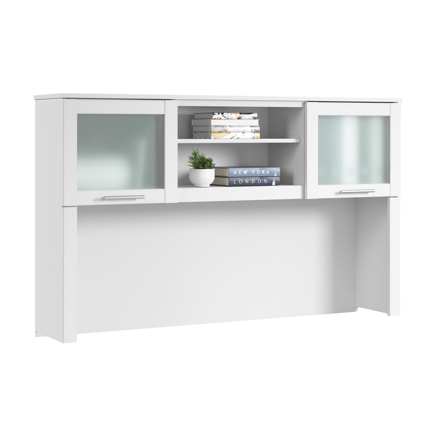 Bush Home 60-Inch Desk Hutch, Office Storage Organizer with Shelves, Cubbies and Frosted Glass Doors for Computer Desk, Home Office Furniture, Somerset Collection, White