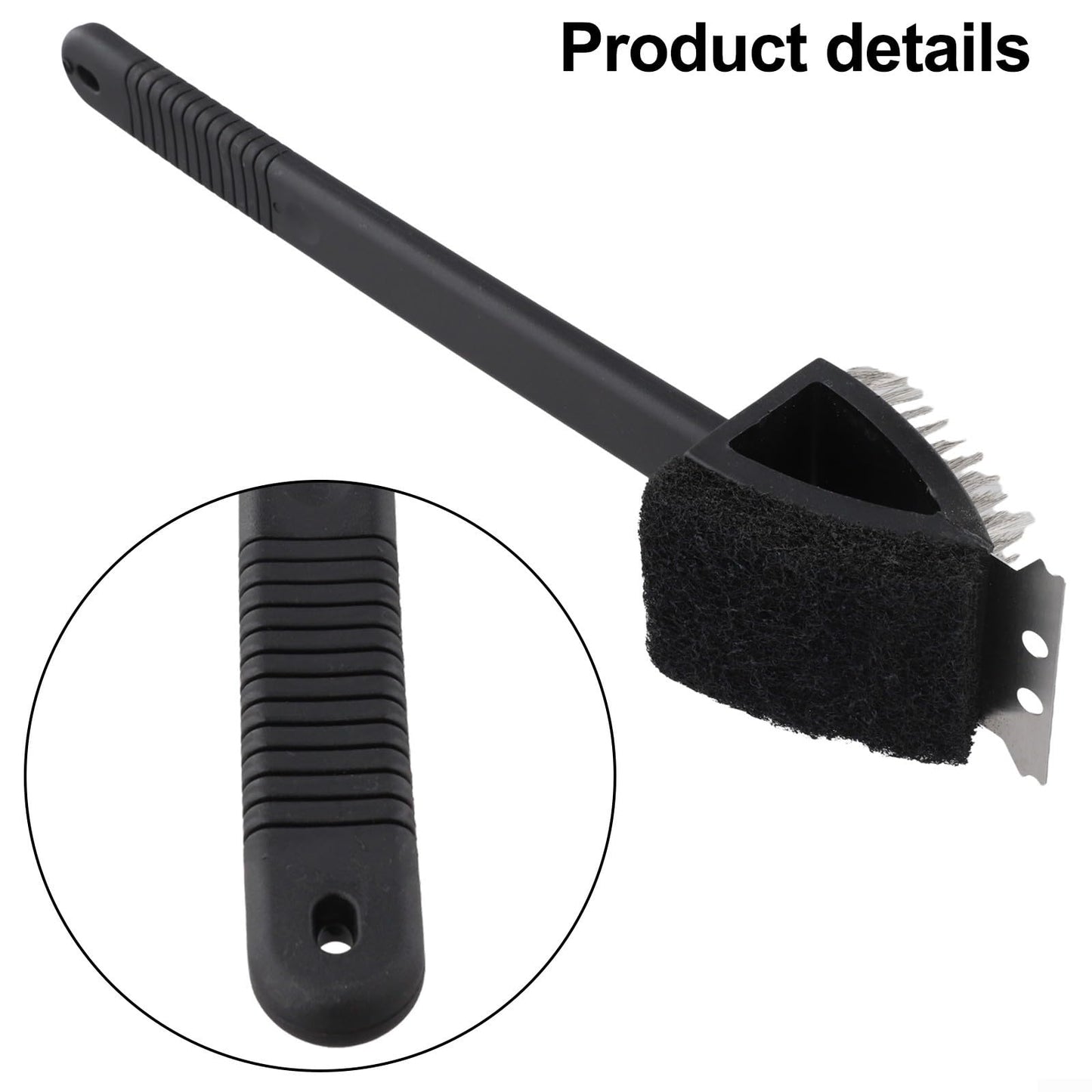 Three-in-One BBQ Grill Cleaning Brush with Stainless Steel Bristles, Scraper and Sponge, Ergonomic Handle for Outdoor Cooking Maintenance, Black 14.4 x 2.8 in