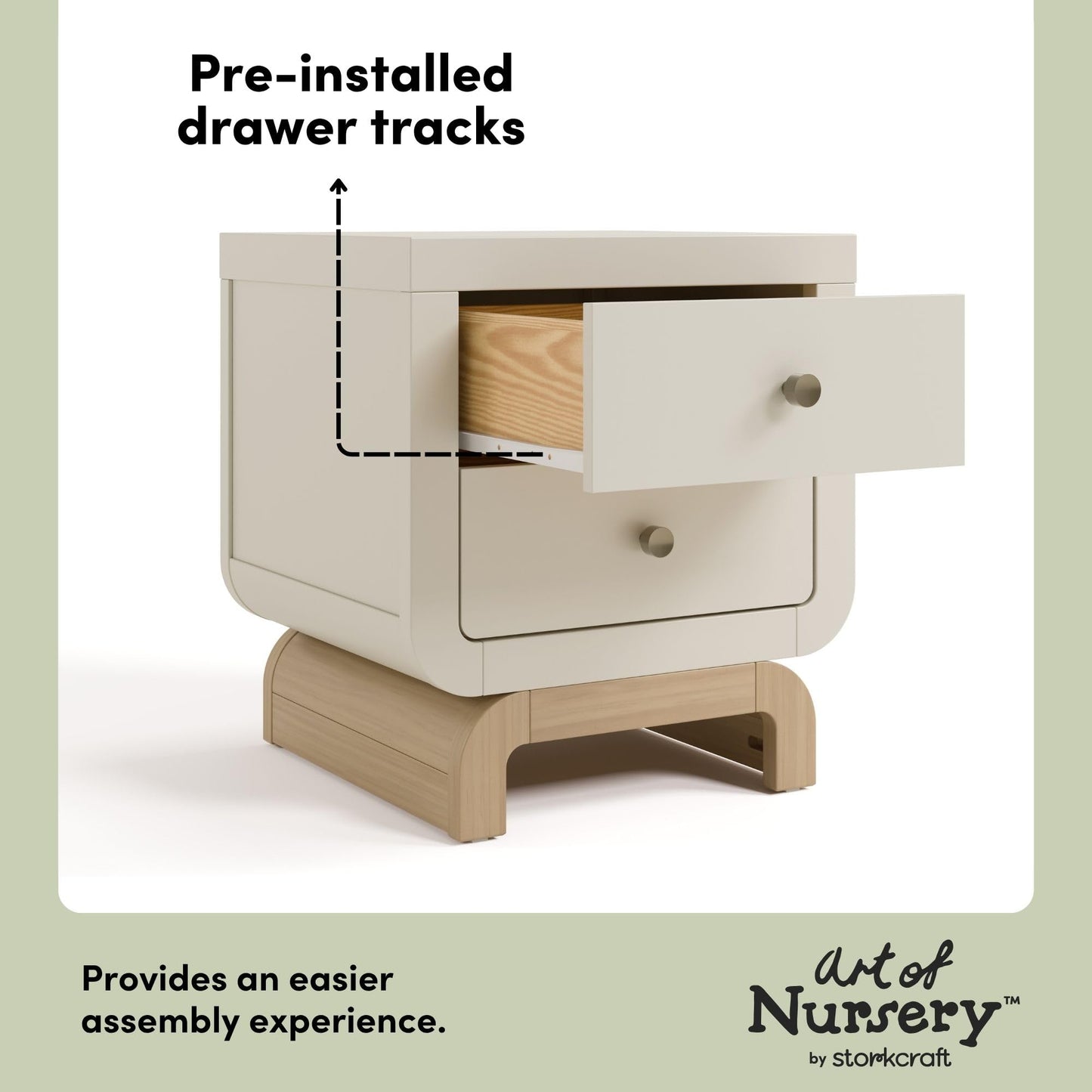 Storkcraft Santorini 2 Drawer Nightstand (Frosted Oat & Driftwood) - GREENGUARD Gold Certified Nightstand for Kids Bedroom, Premium Wood with Curved Base, “Champagne” Metal Knobs