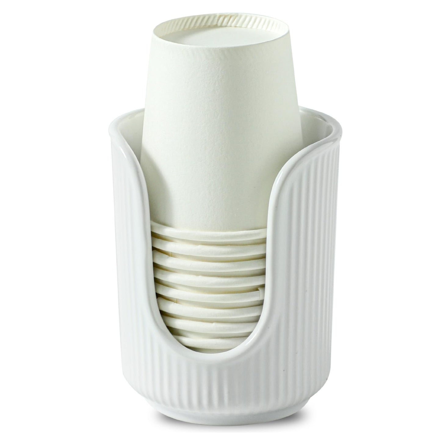 Dobbyby Ceramic Bathroom Cup Dispenser with Stylish Vertical Stripes - Disposable Mouthwash Cup Holder Holds 3-4oz Paper Cups for Rinsing Cups on Bathroom Vanity Countertops (White)