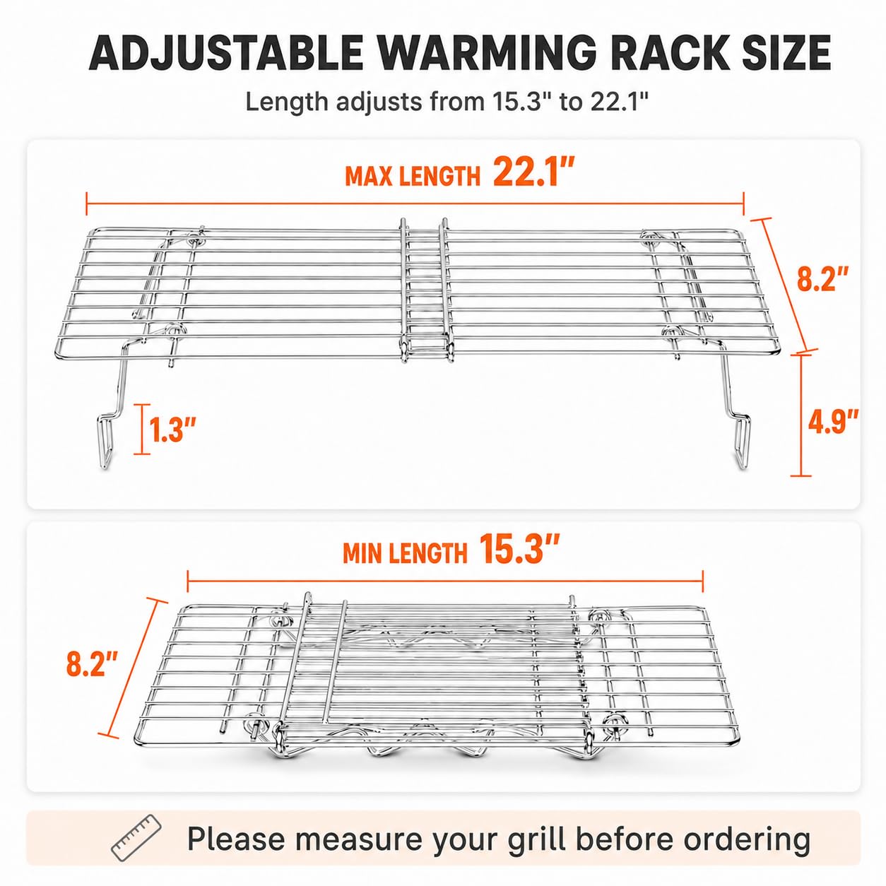 Hisencn Universal Grill Rack for Gas/Wood Pellet/Griddle/Smoker Grill, Adjustable Warming Rack, Upper Rack with Foldable Leg, Adjustable Length 15.3-22.1 in (Universal Grill Rack)