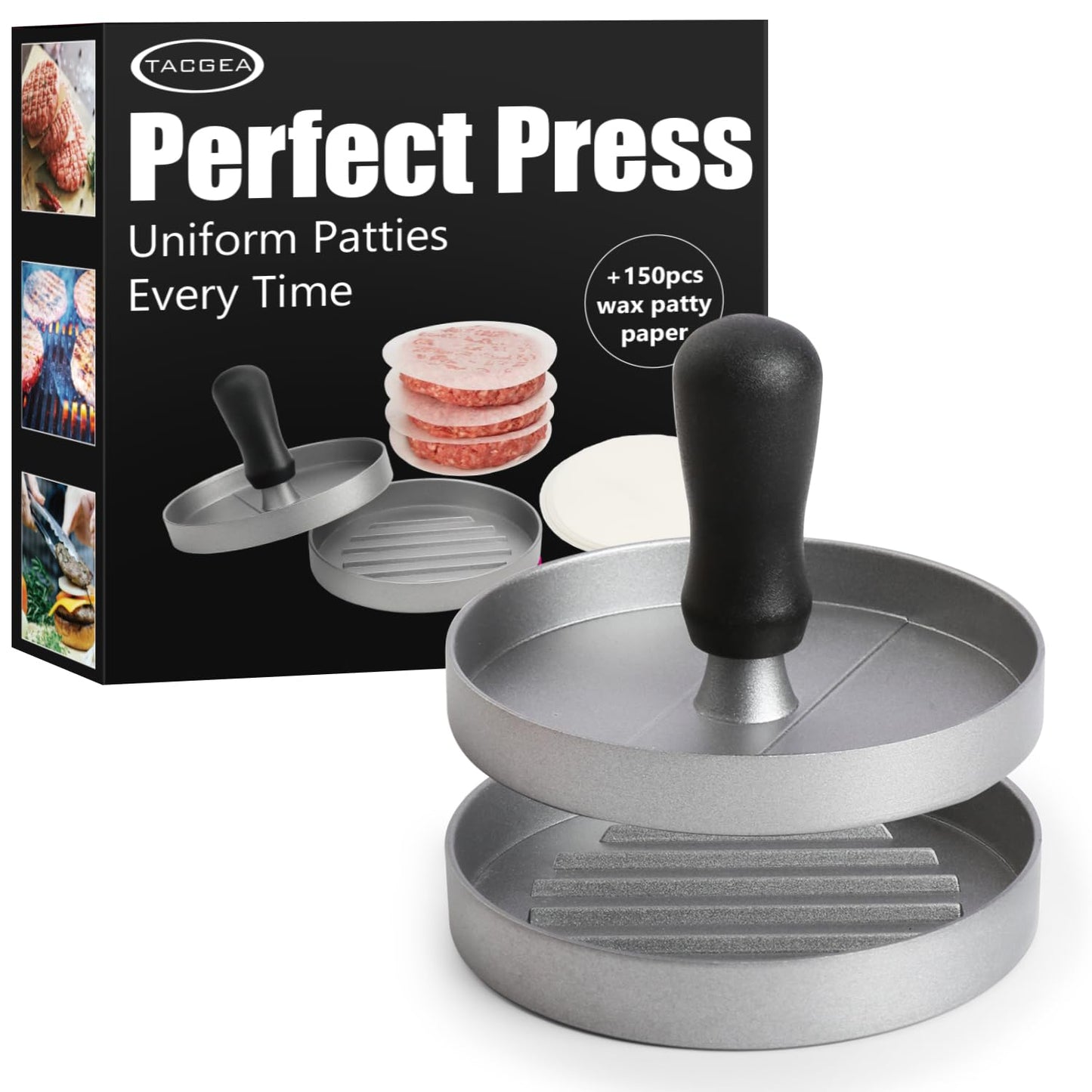 TACGEA Burger Press 150 Patty Papers, Non-Stick Hamburger Patty Maker with Wax Paper, Aluminum Burger Maker for Kitchen BBQ Grill