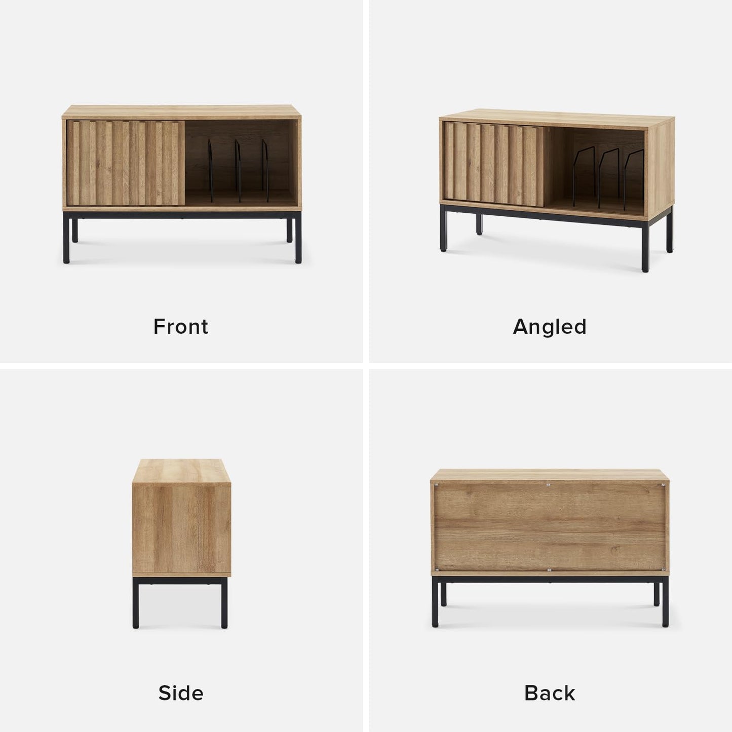 mopio Norwin Record Player Stand, 120 Albums Vinyl Record Storage, Turntable Stand, Media Stereo Storage Cabinet, Small TV Table, Removable Dividers, Fluted Sliding Door, Metal Legs, Living Room