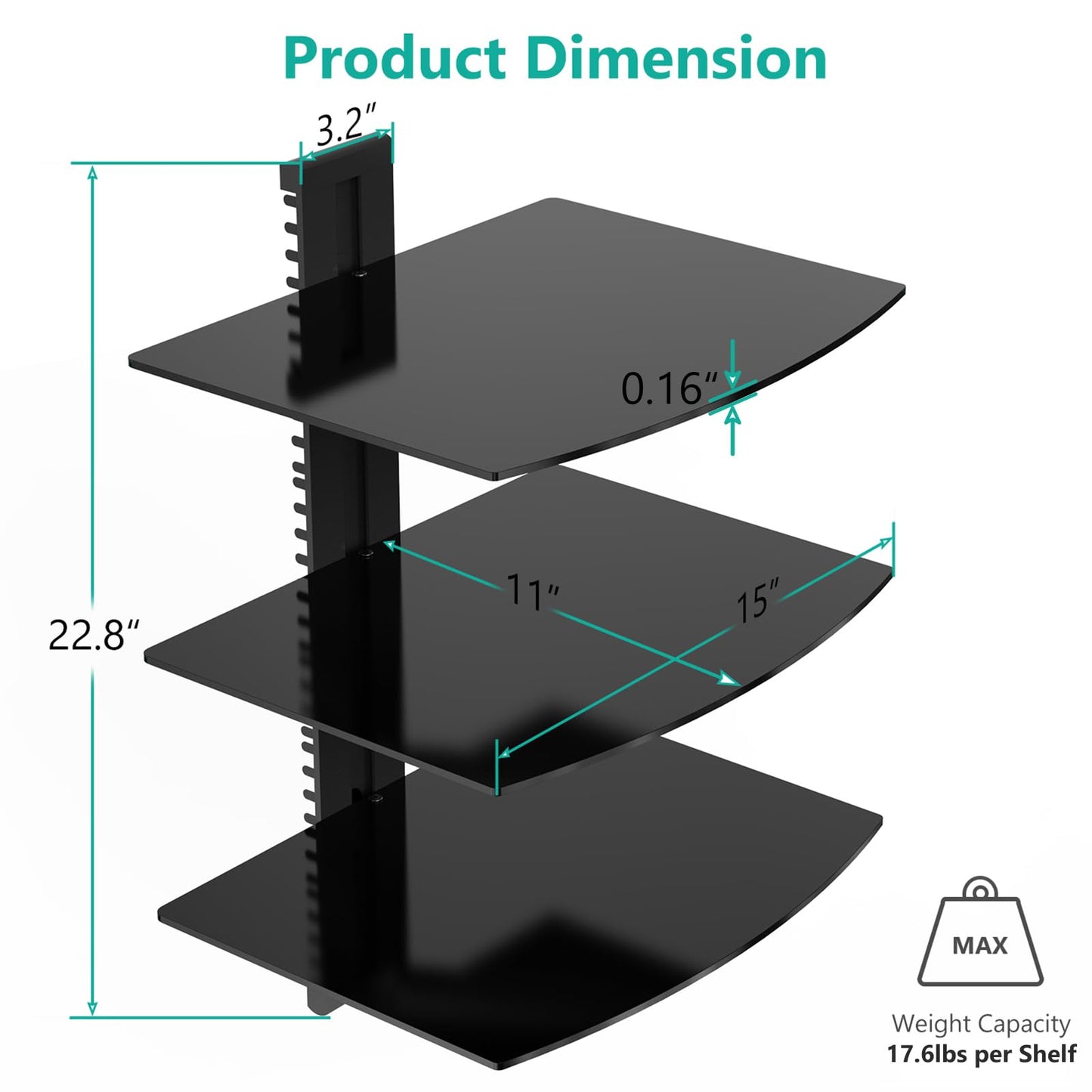 WALI 3 Tier Glass Floating TV Wall Shelf for Projector, DVD Players