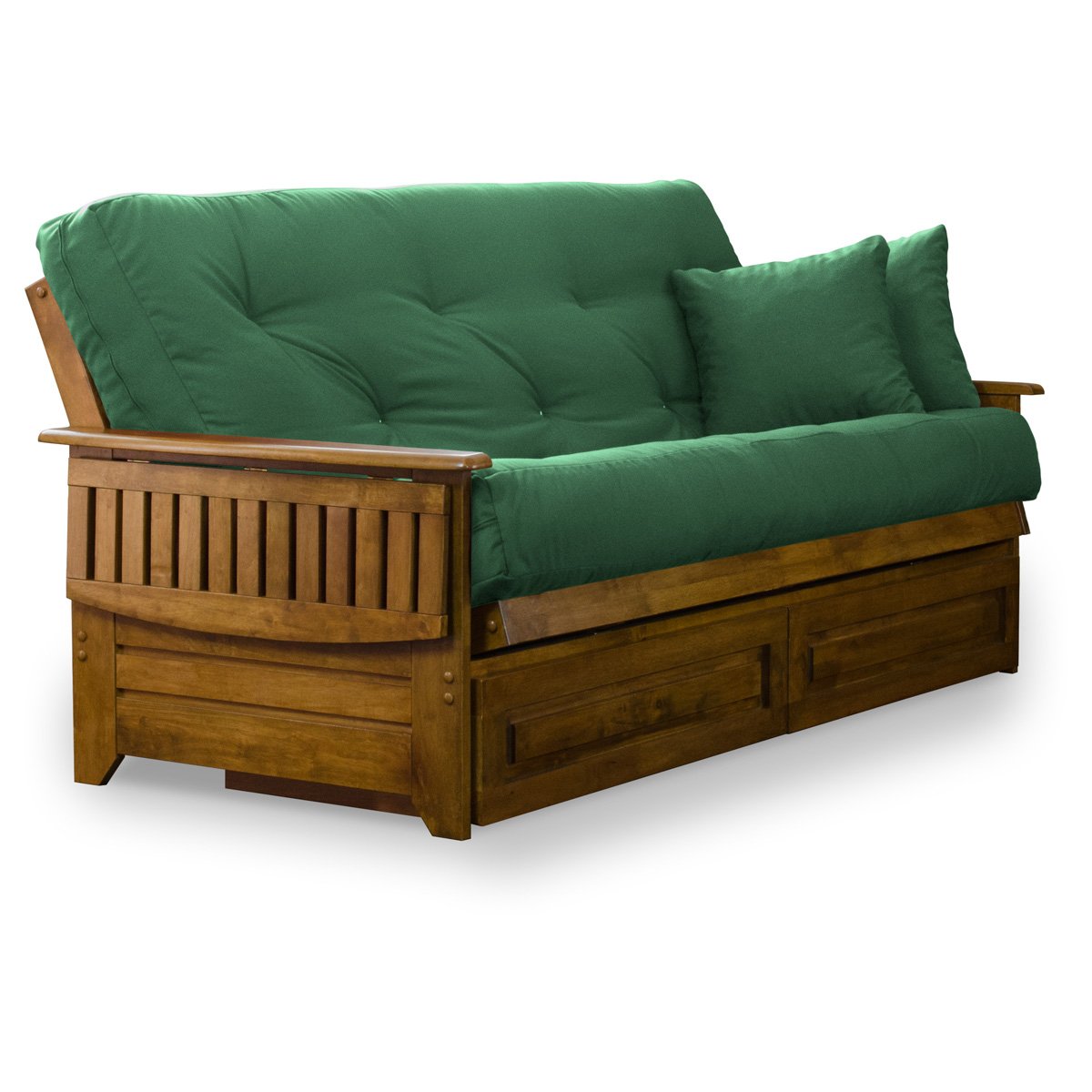 Nirvana Futons Brentwood Tray Arm Futon Frame, Drawers, and Hunter Green Mattress Set - Full, Rich Heritage Finish