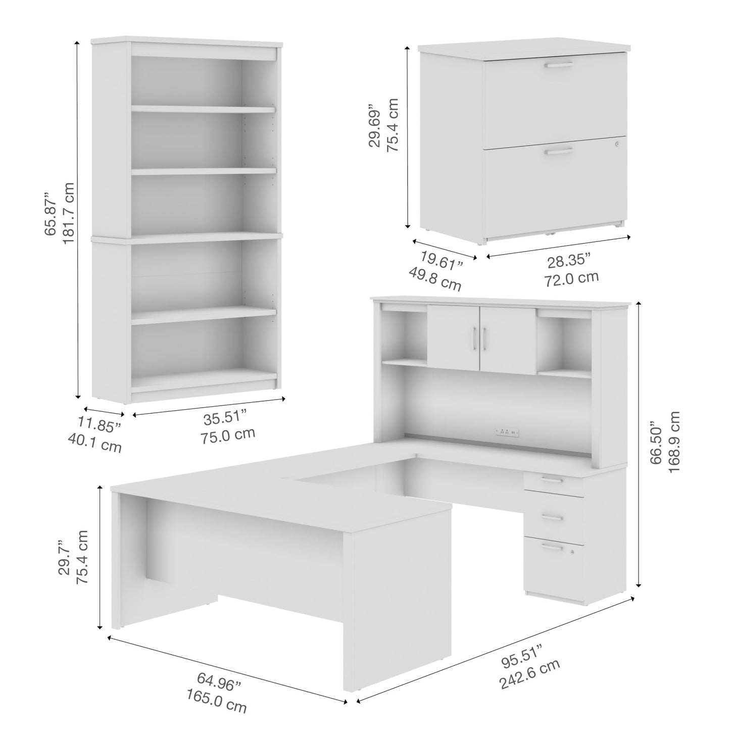Bestar U or L Shaped with Hutch and File Cabinet, Bark Grey, Logan, 66W