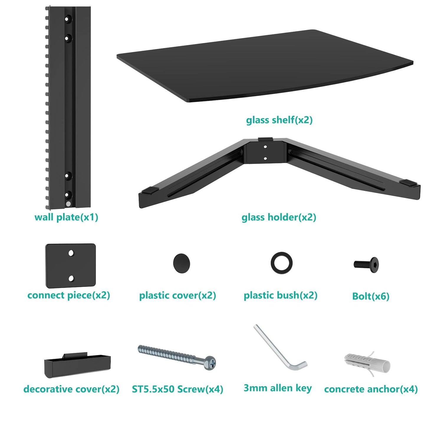 WALI Floating TV Shelf, 2 Tier Glass Projector Shelf for DVD Players, Routers, Game Consoles, Cable Boxes, Living Room Decor, Wall Mount Shelves Hold Up to 17.6lbs (CS202B), 2-Shelf, Black