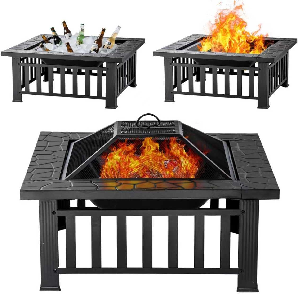 Panovue Fire Pit Table 32 Inch Square Metal Stove for Patio, Backyard, Garden | Multifunctional Outdoor Fireplace for Camping, Heating, Bonfire & Picnic