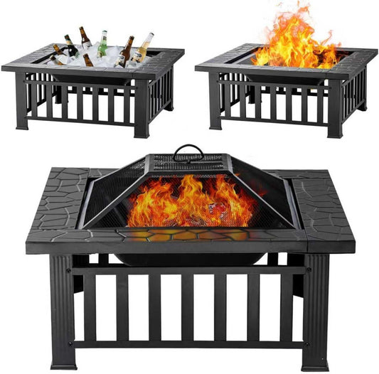 Panovue Fire Pit Table 32 Inch Square Metal Stove for Patio, Backyard, Garden | Multifunctional Outdoor Fireplace for Camping, Heating, Bonfire & Picnic