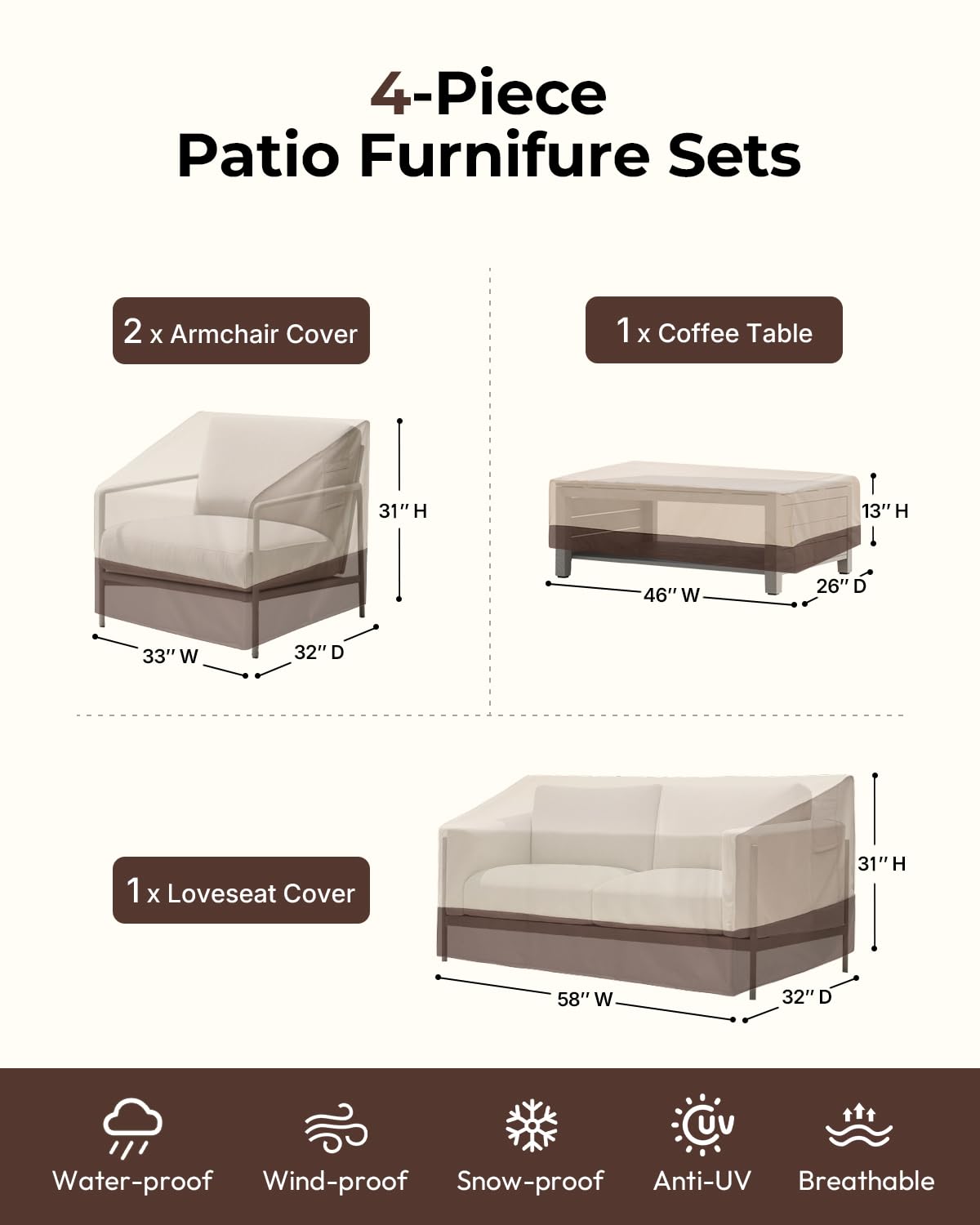 loriano Patio Furniture Cover Set, 4 Piece Outdoor Furniture Cover Waterproof, 600D Heavy Duty Lawn Patio Set Covers